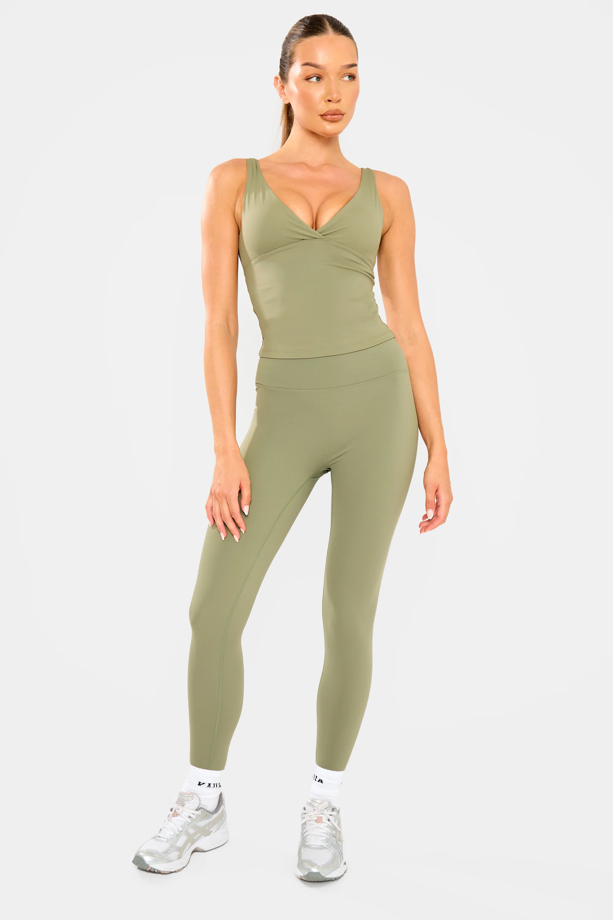 Kaiia Sculpt Cross Over Padded Gym Top Khaki - Image 7