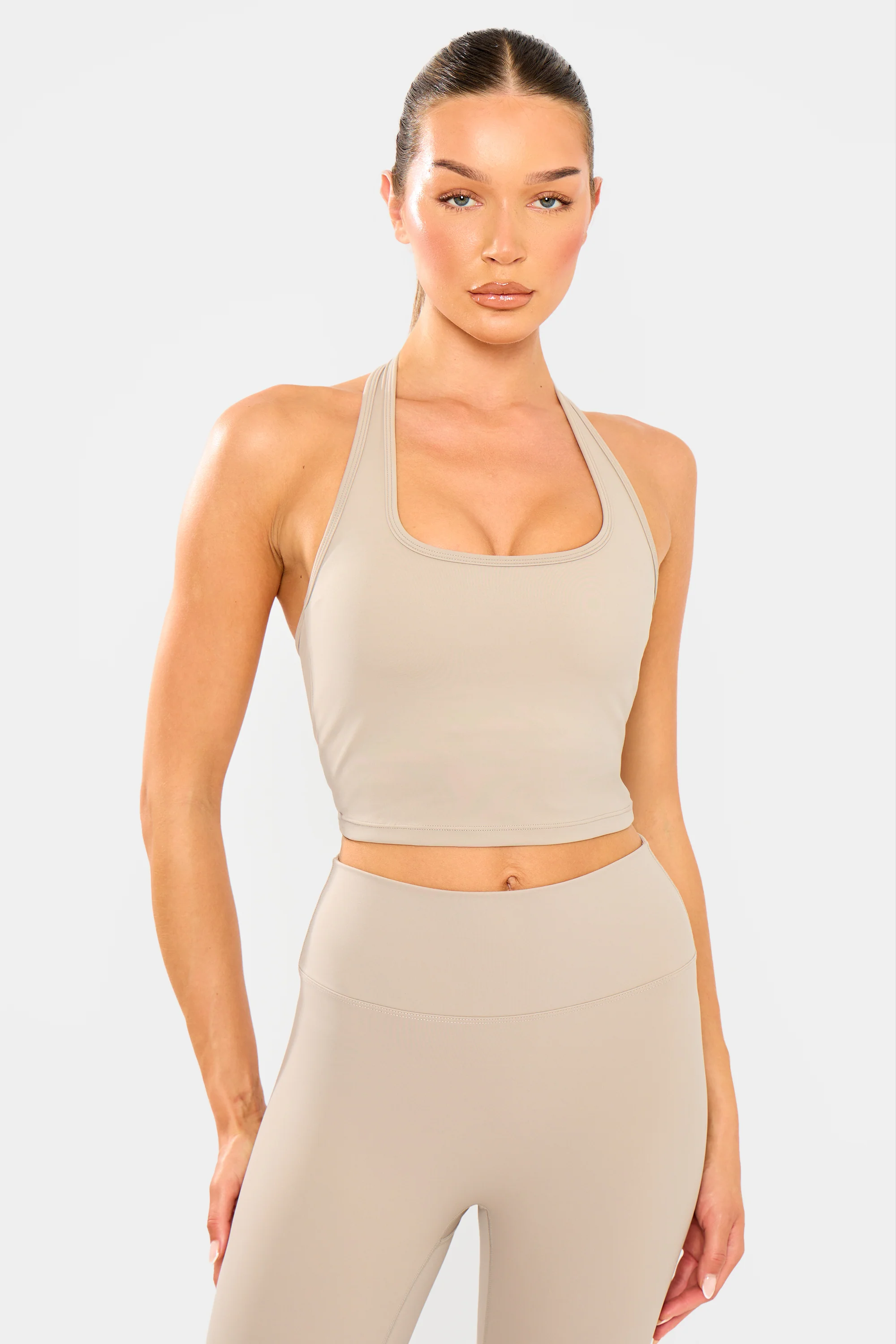 Kaiia Sculpt Halterneck Gym Top Ash Taupe - Image 5