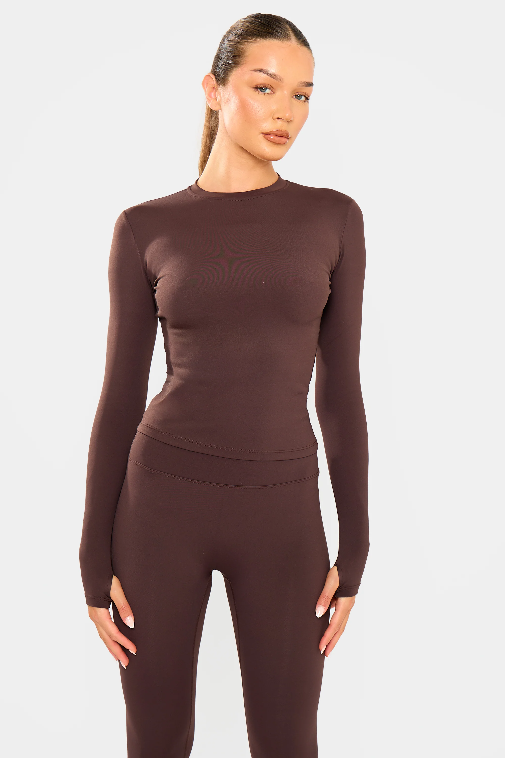 Kaiia Sculpt Long Sleeve Fitted T-Shirt Brown - Image 6