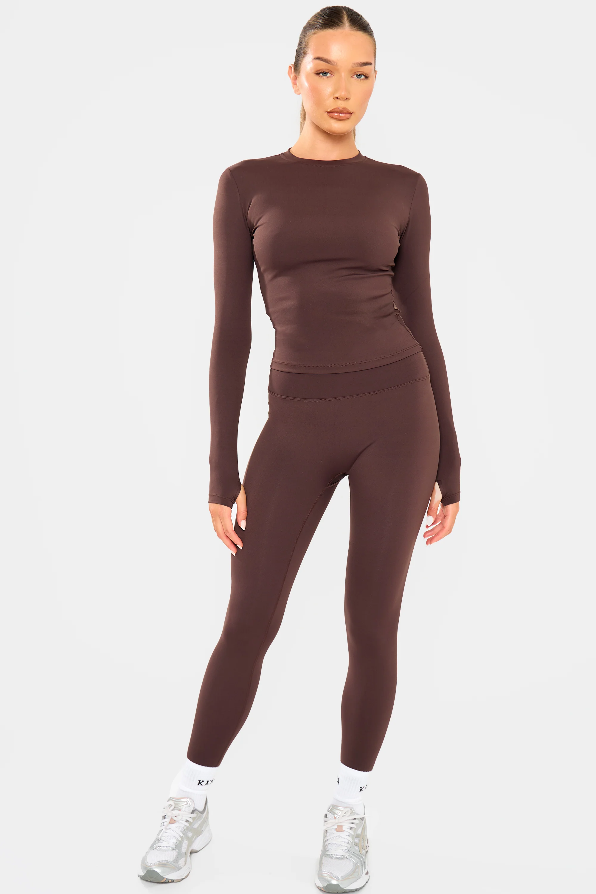 Kaiia Sculpt Long Sleeve Fitted T-Shirt Brown - Image 8