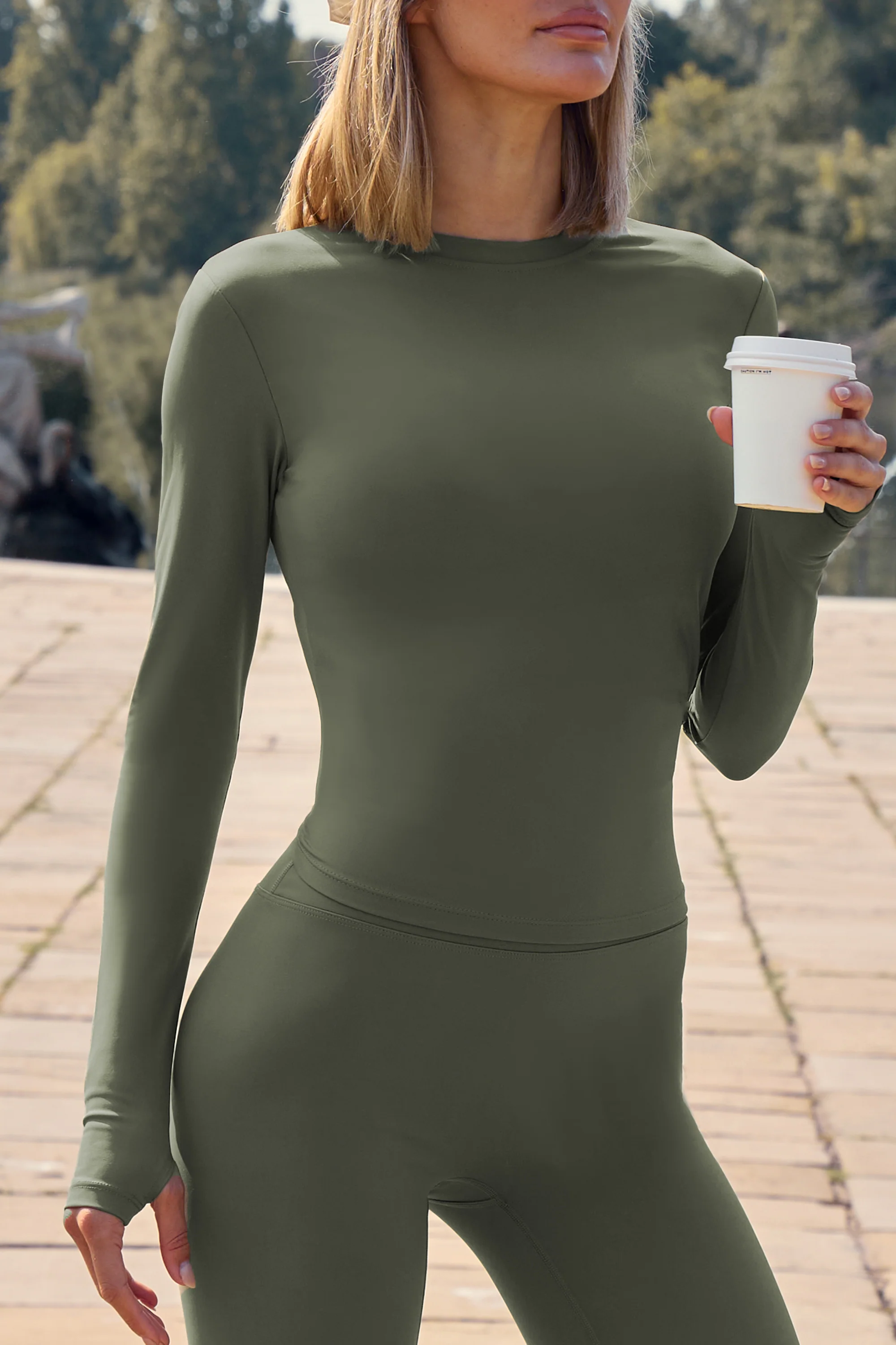 Kaiia Sculpt Long Sleeve Fitted T Shirt Khaki - Image 2