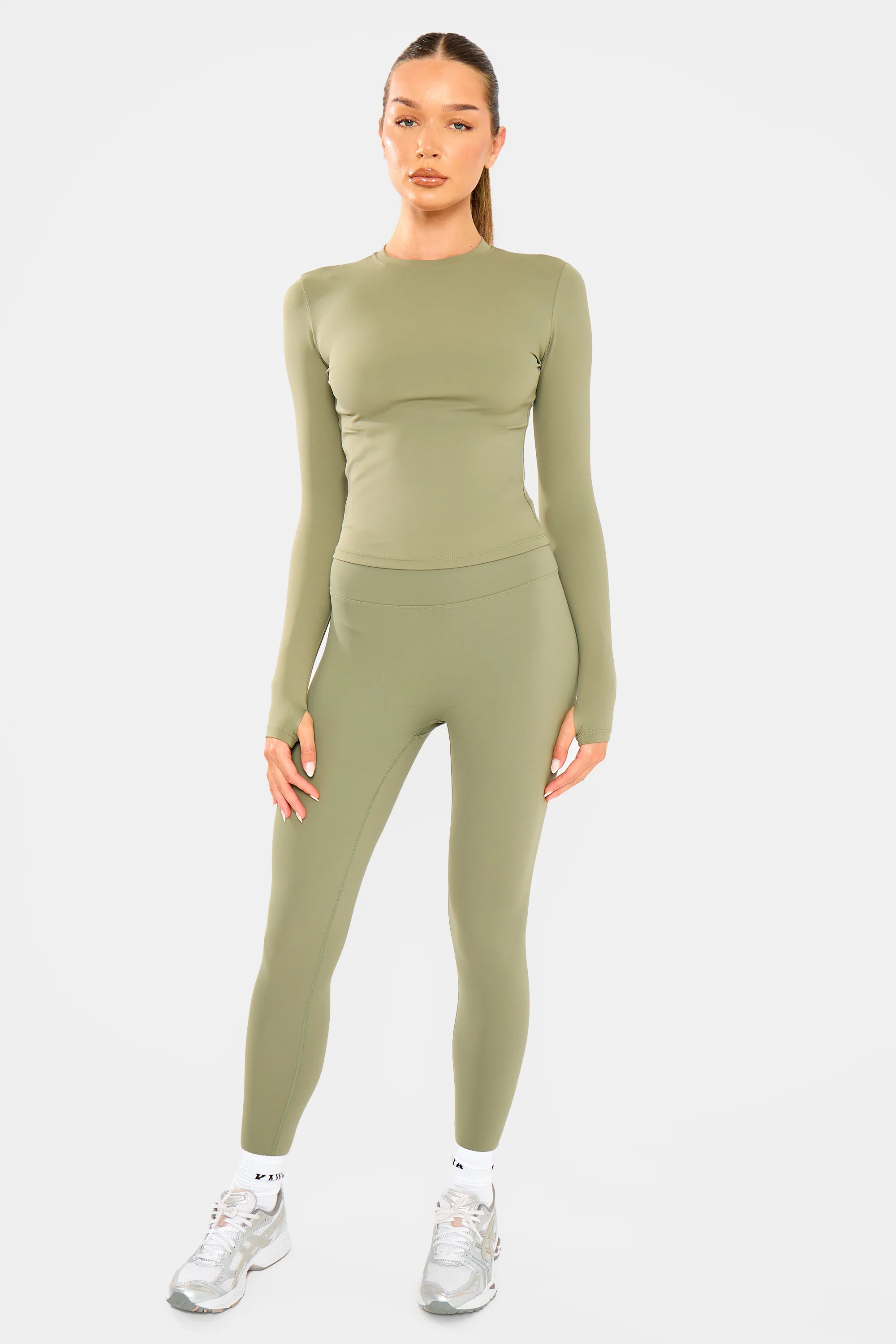 Kaiia Sculpt Long Sleeve Fitted T Shirt Khaki - Image 5