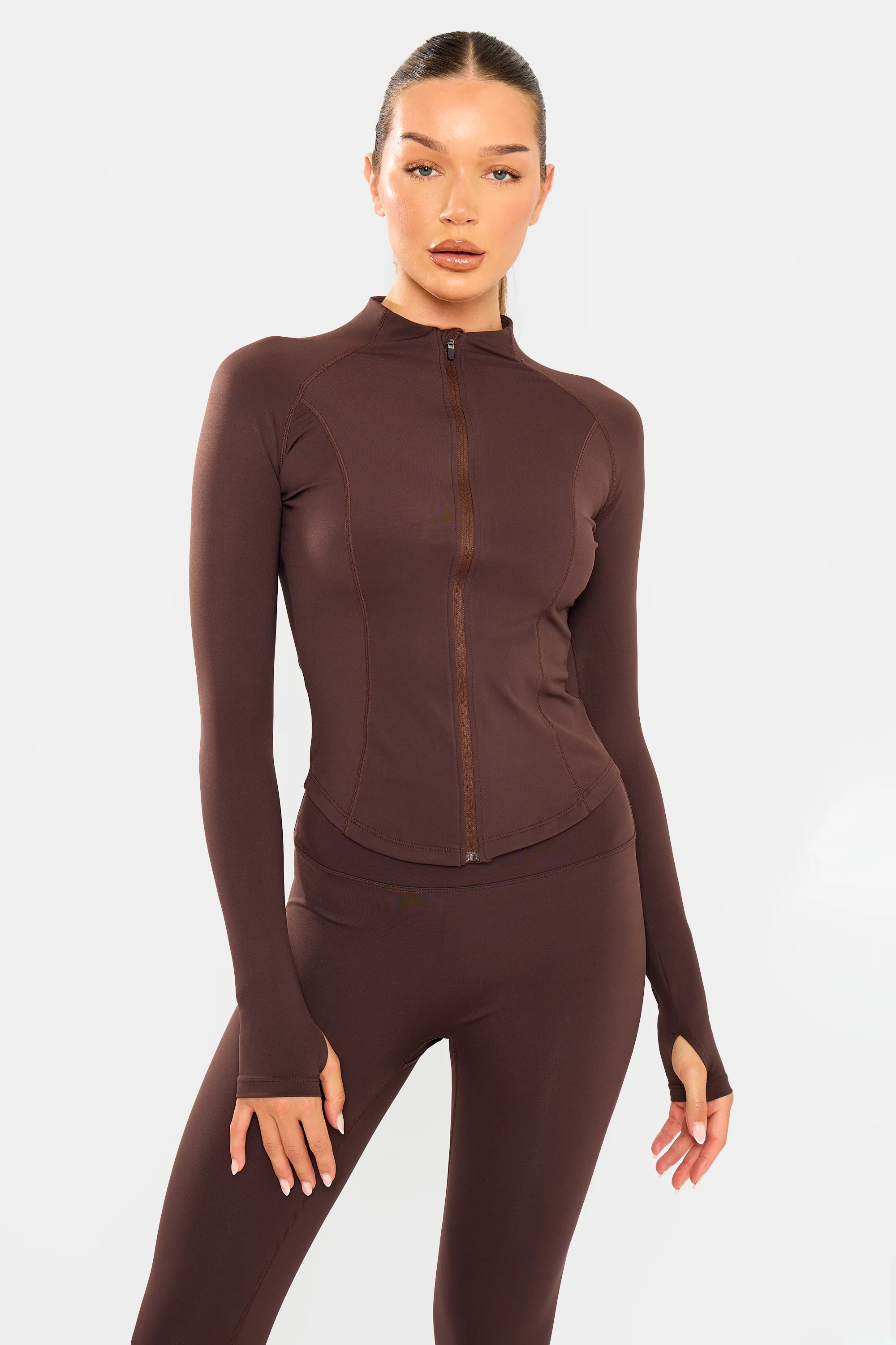 Kaiia Sculpt Long Sleeve Zip Through Fitted Jacket Brown - Image 4