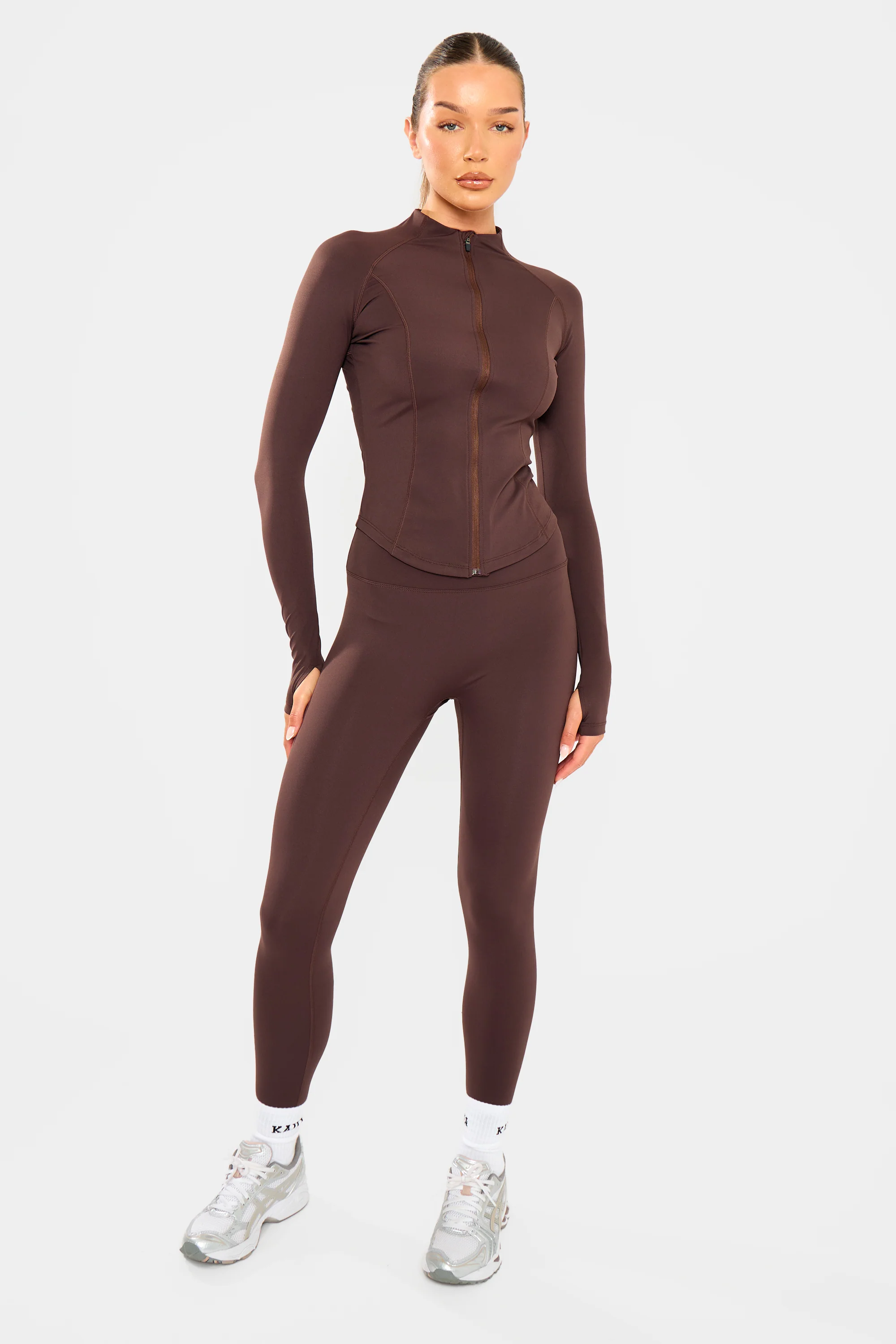 Kaiia Sculpt Long Sleeve Zip Through Fitted Jacket Brown - Image 6