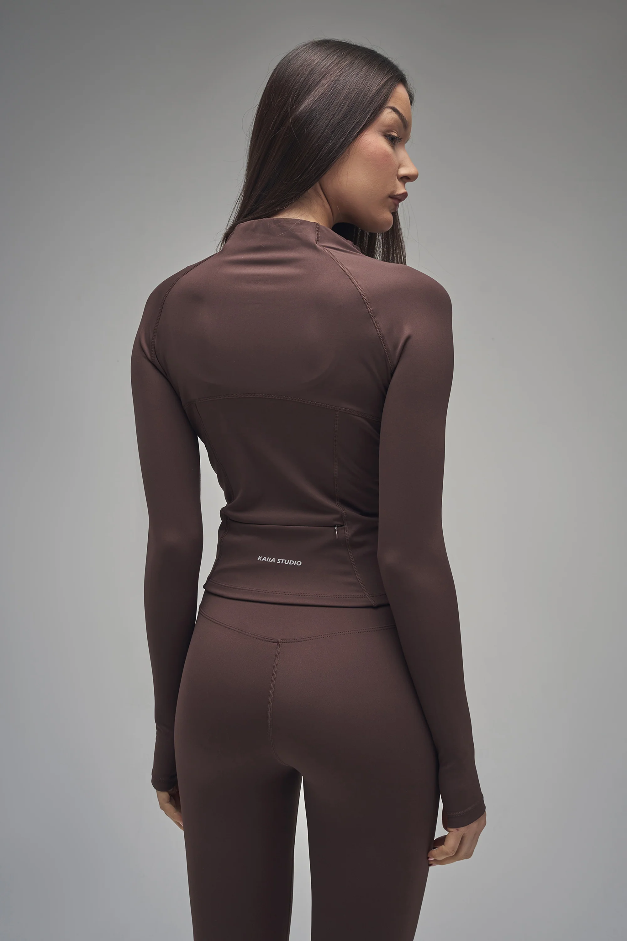 Kaiia Sculpt Long Sleeve Zip Through Fitted Jacket Brown - Image 2