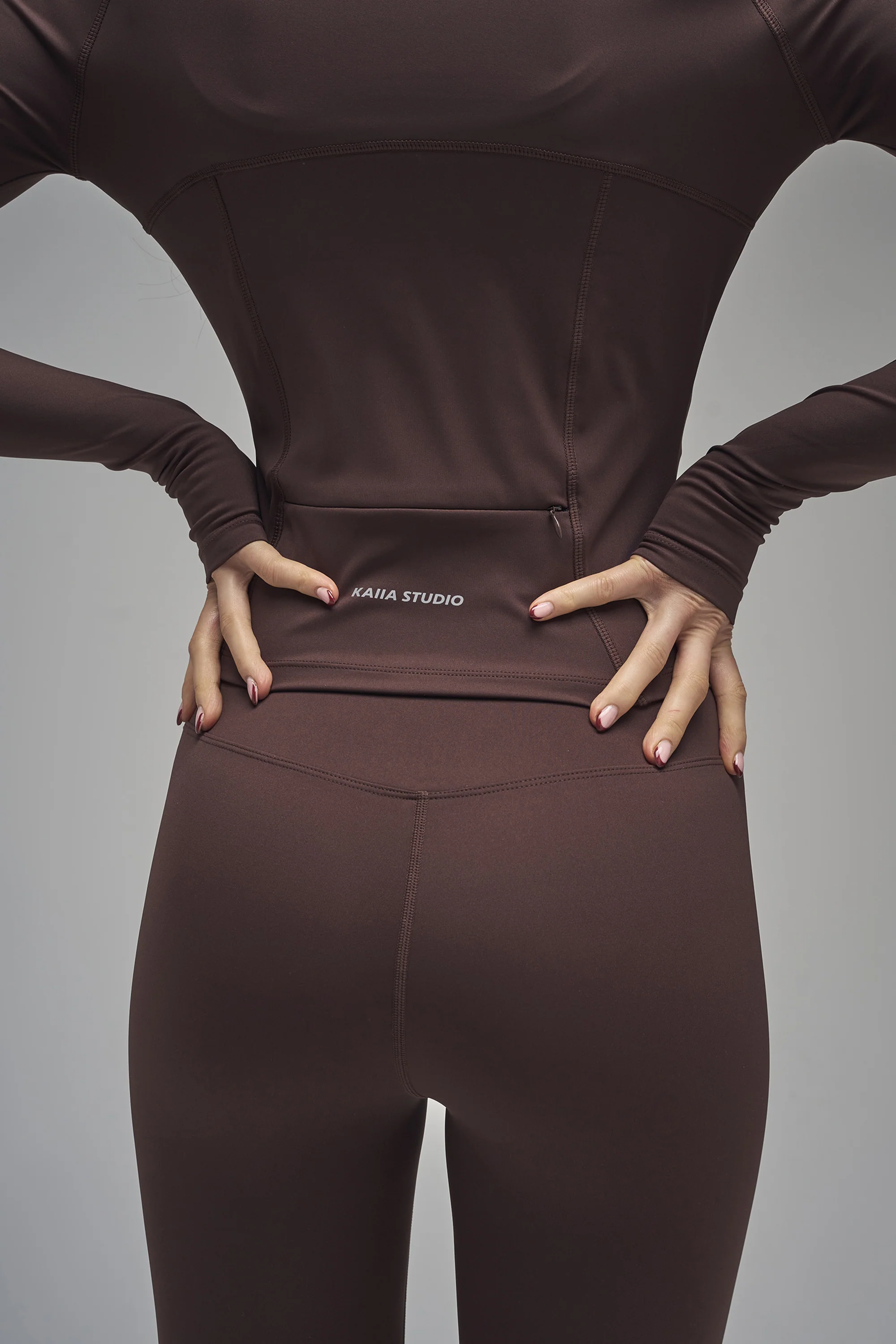 Kaiia Sculpt Long Sleeve Zip Through Fitted Jacket Brown - Image 3