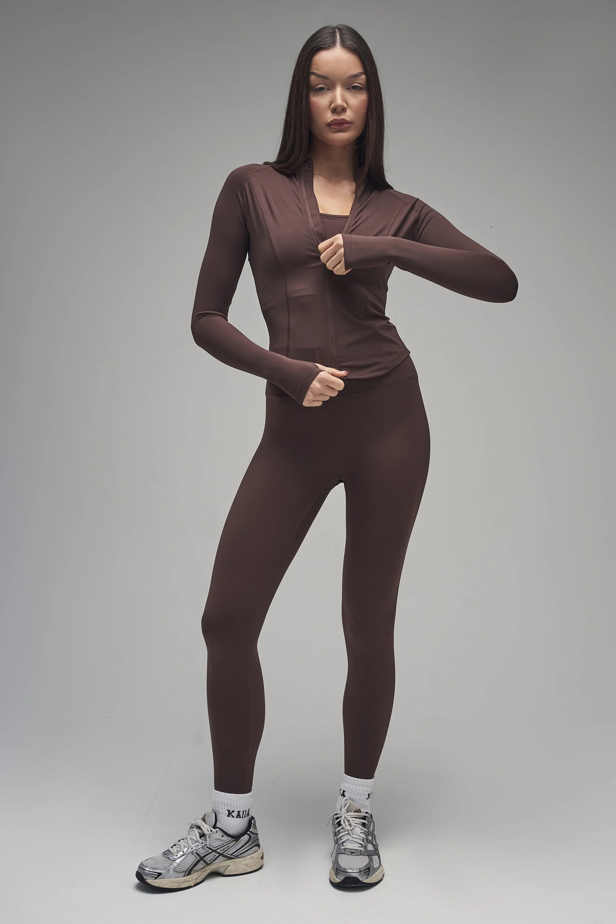 Kaiia Sculpt Long Sleeve Zip Through Fitted Jacket Brown - Image 4