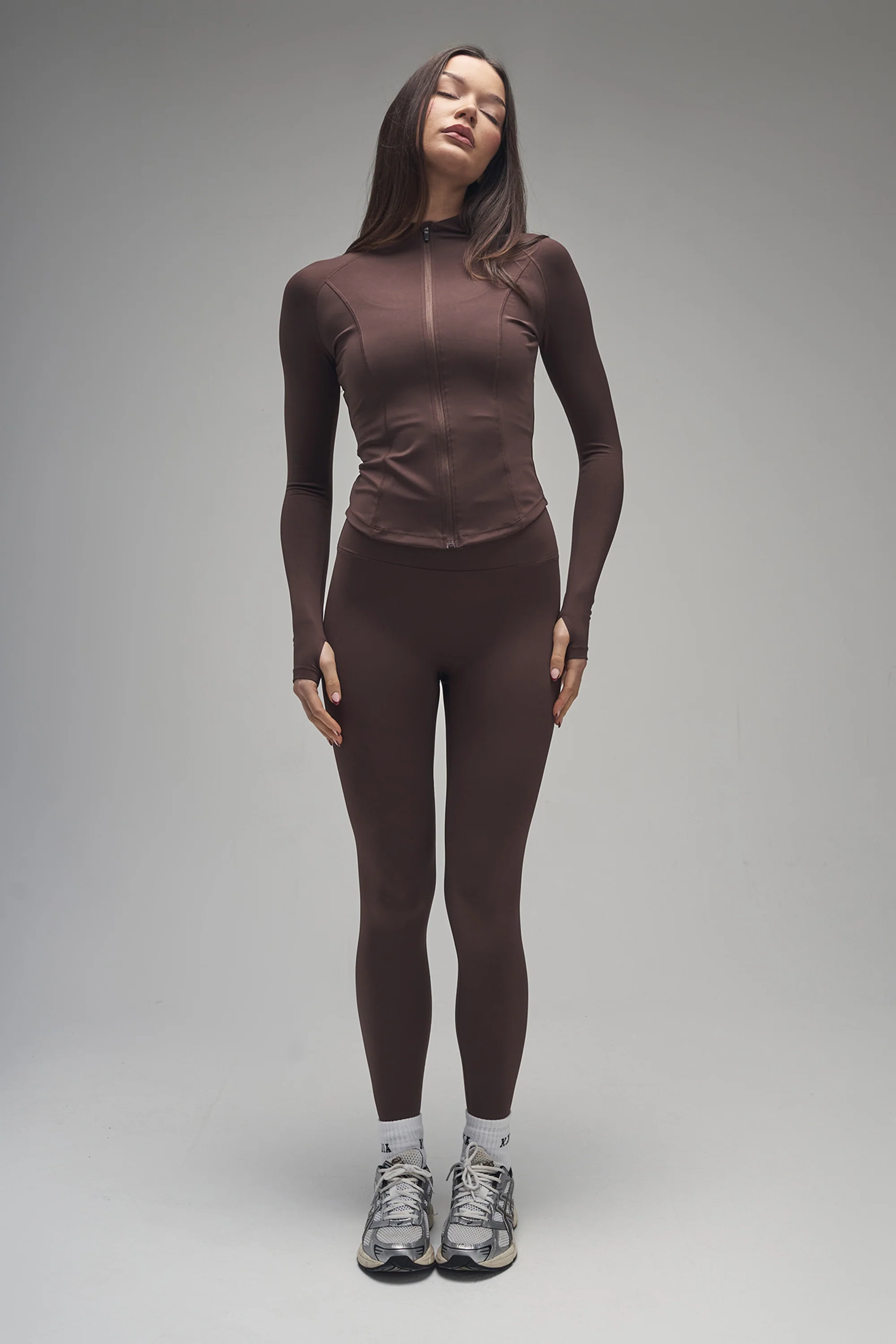 Kaiia Sculpt Long Sleeve Zip Through Fitted Jacket Brown - Image 5
