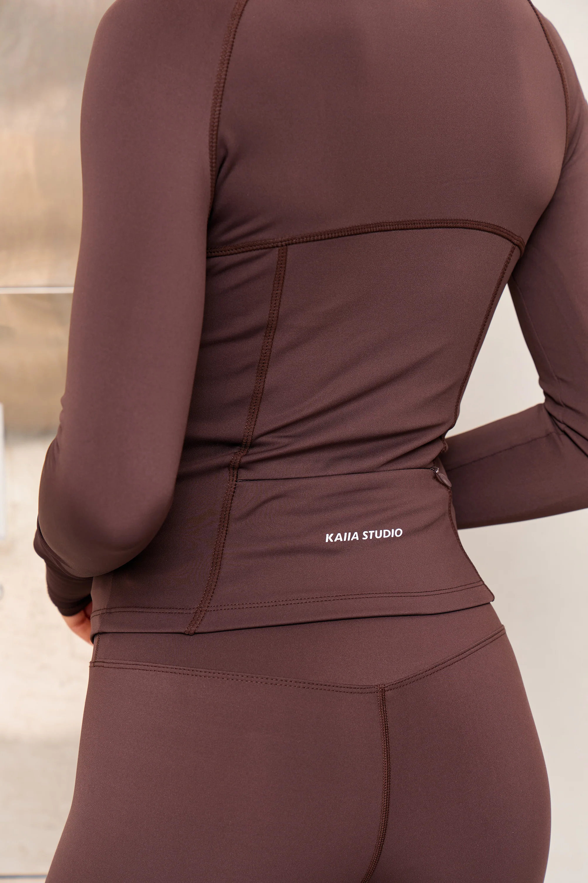 Kaiia Sculpt Long Sleeve Zip Through Fitted Jacket Bitter Chocolate - Image 4