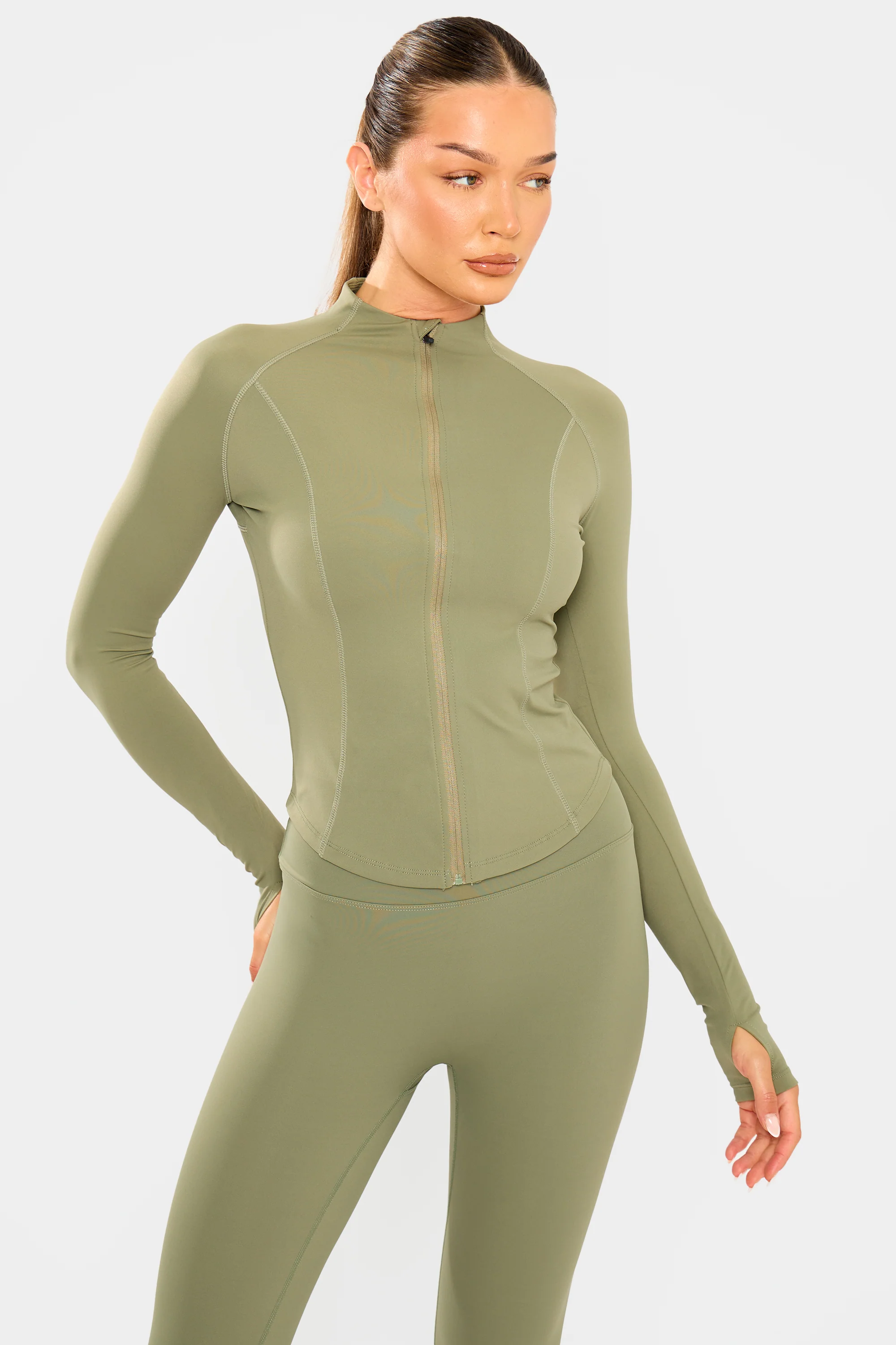 Kaiia Sculpt Long Sleeve Zip Through Fitted Jacket Khaki - Image 5
