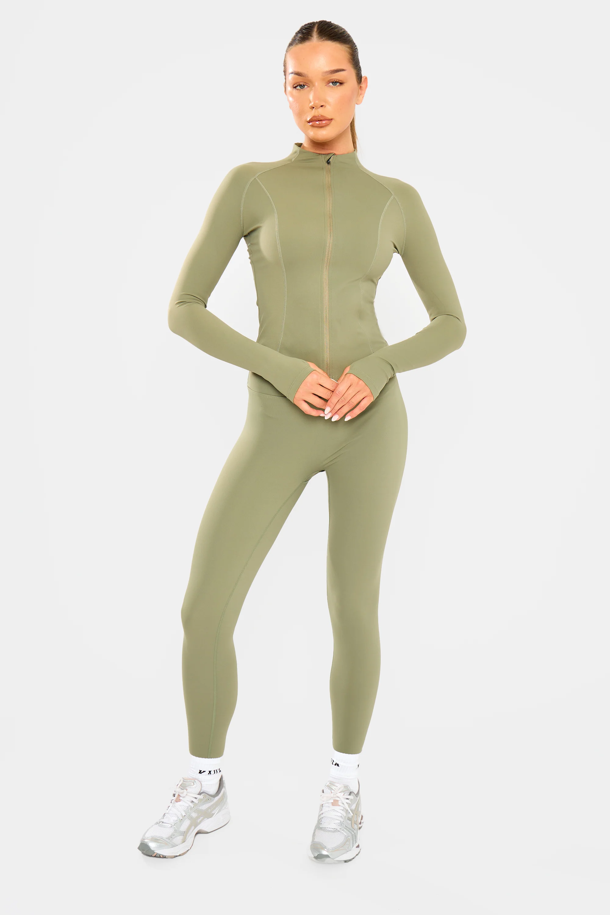 Kaiia Sculpt Long Sleeve Zip Through Fitted Jacket Khaki - Image 7