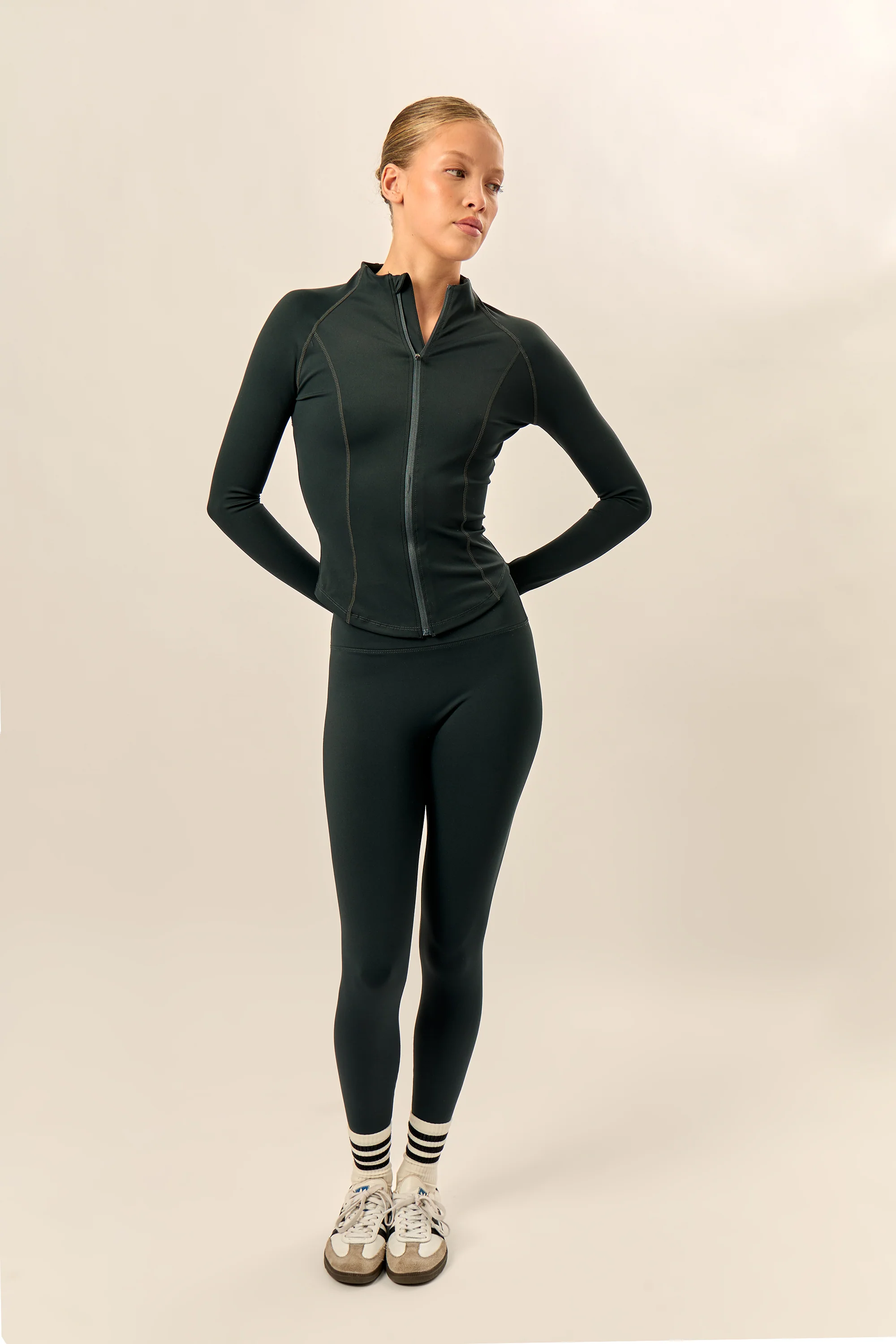 Kaiia Sculpt Long Sleeve Zip Through Fitted Jacket Pine Green - Image 3