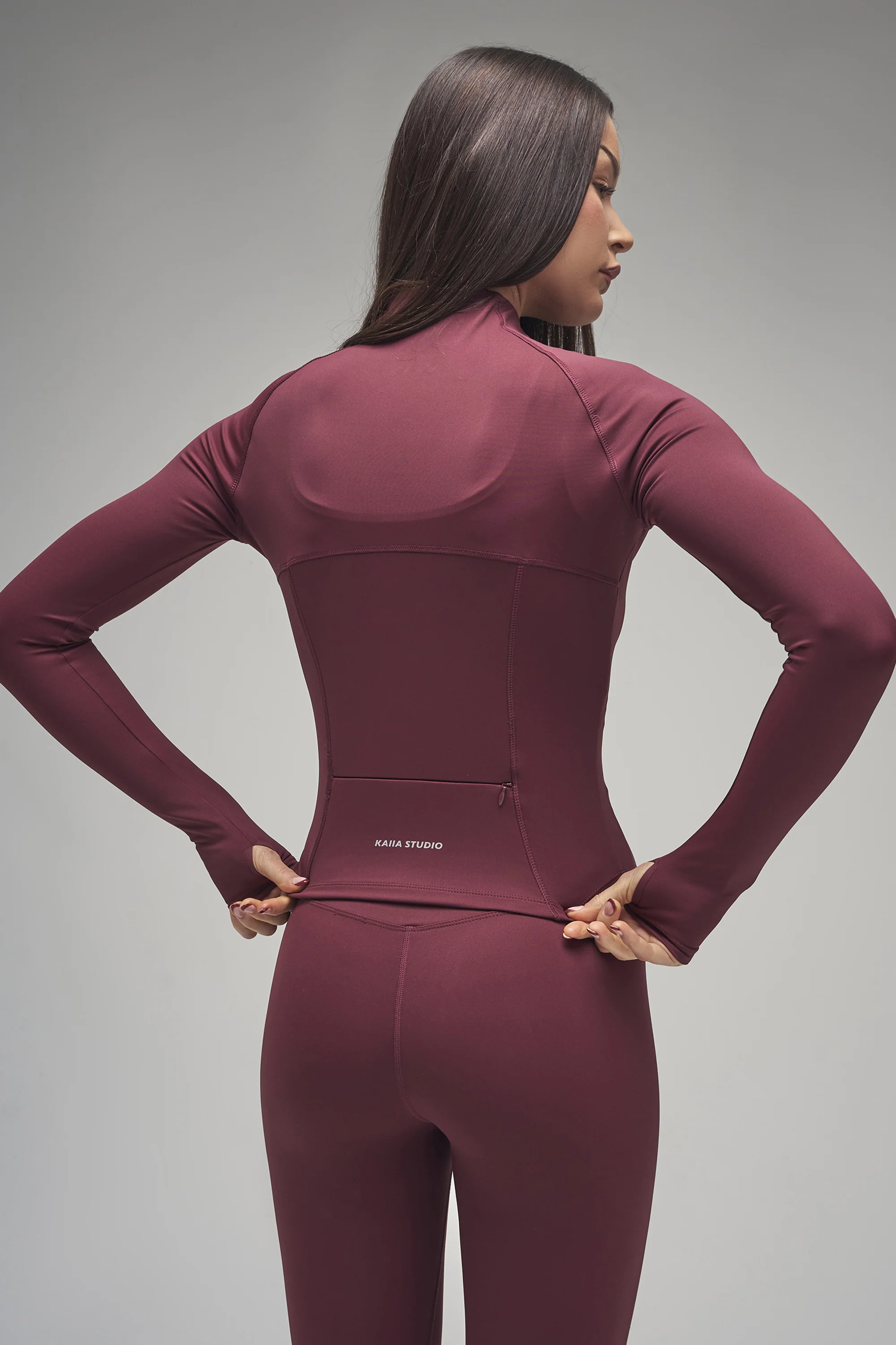 Kaiia Sculpt Long Sleeve Zip Through Fitted Jacket Dark Cherry - Image 5
