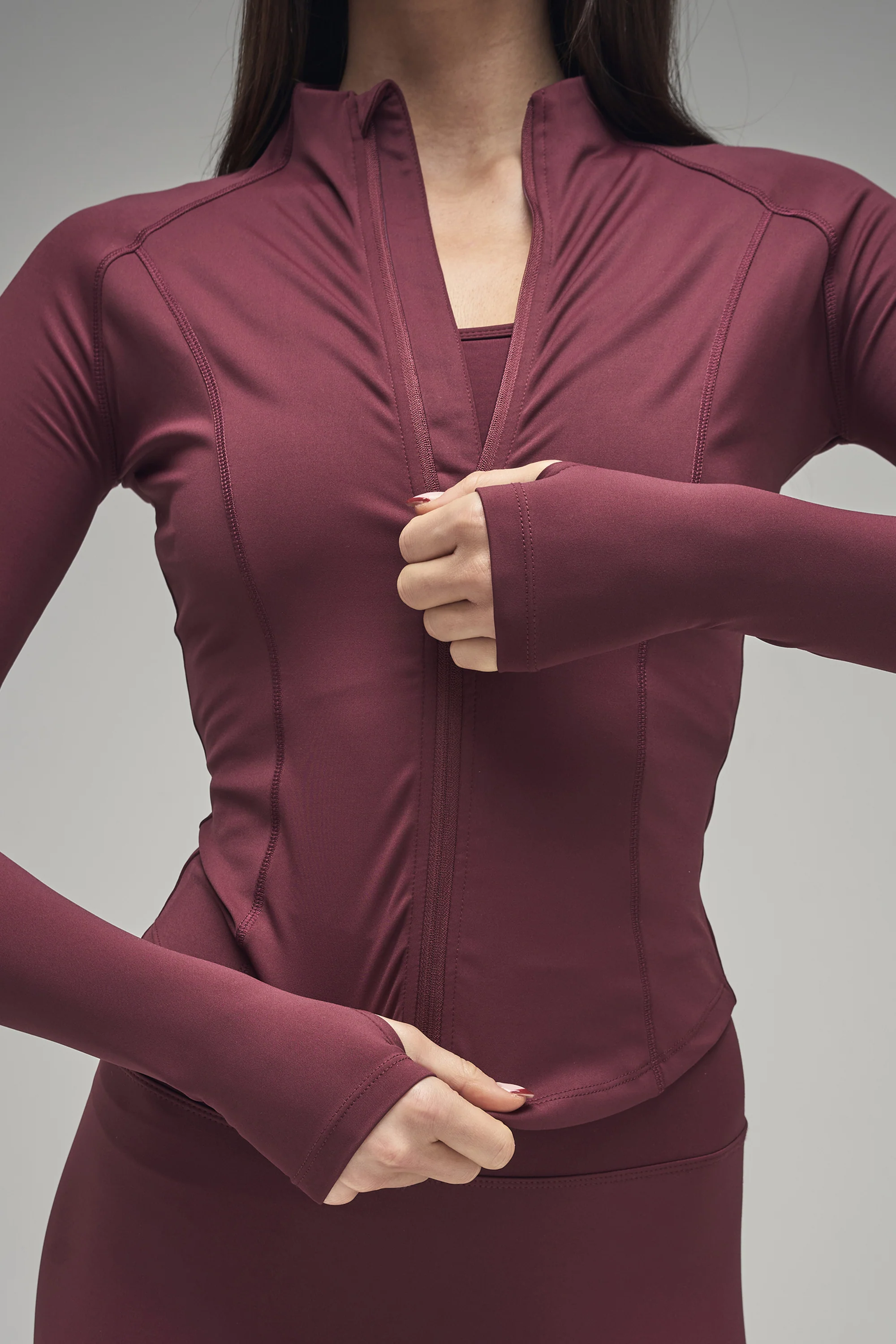 Kaiia Sculpt Long Sleeve Zip Through Fitted Jacket Dark Cherry - Image 7