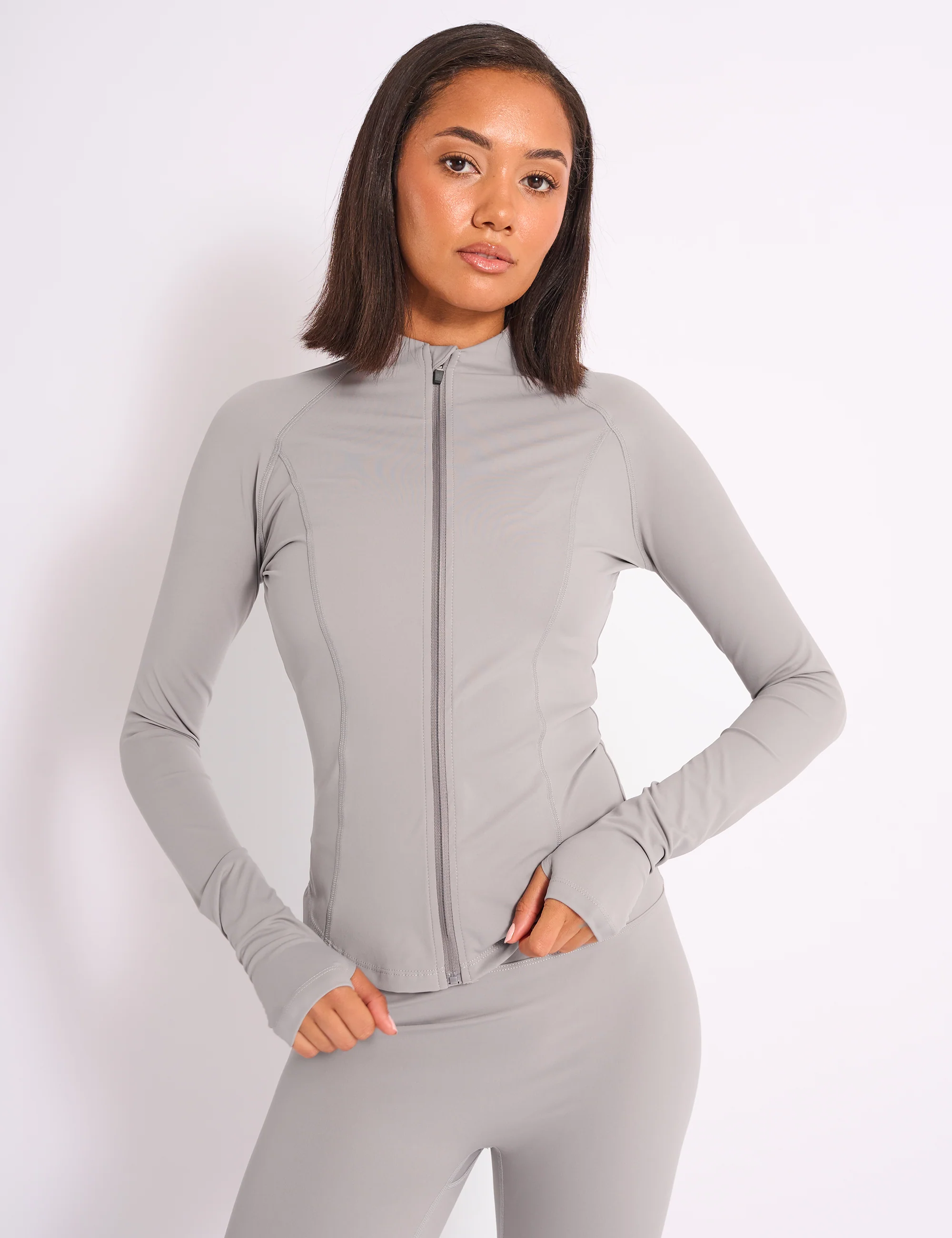 Kaiia Sculpt Long Sleeve Zip Through Fitted Jacket Dove Grey - Image 4