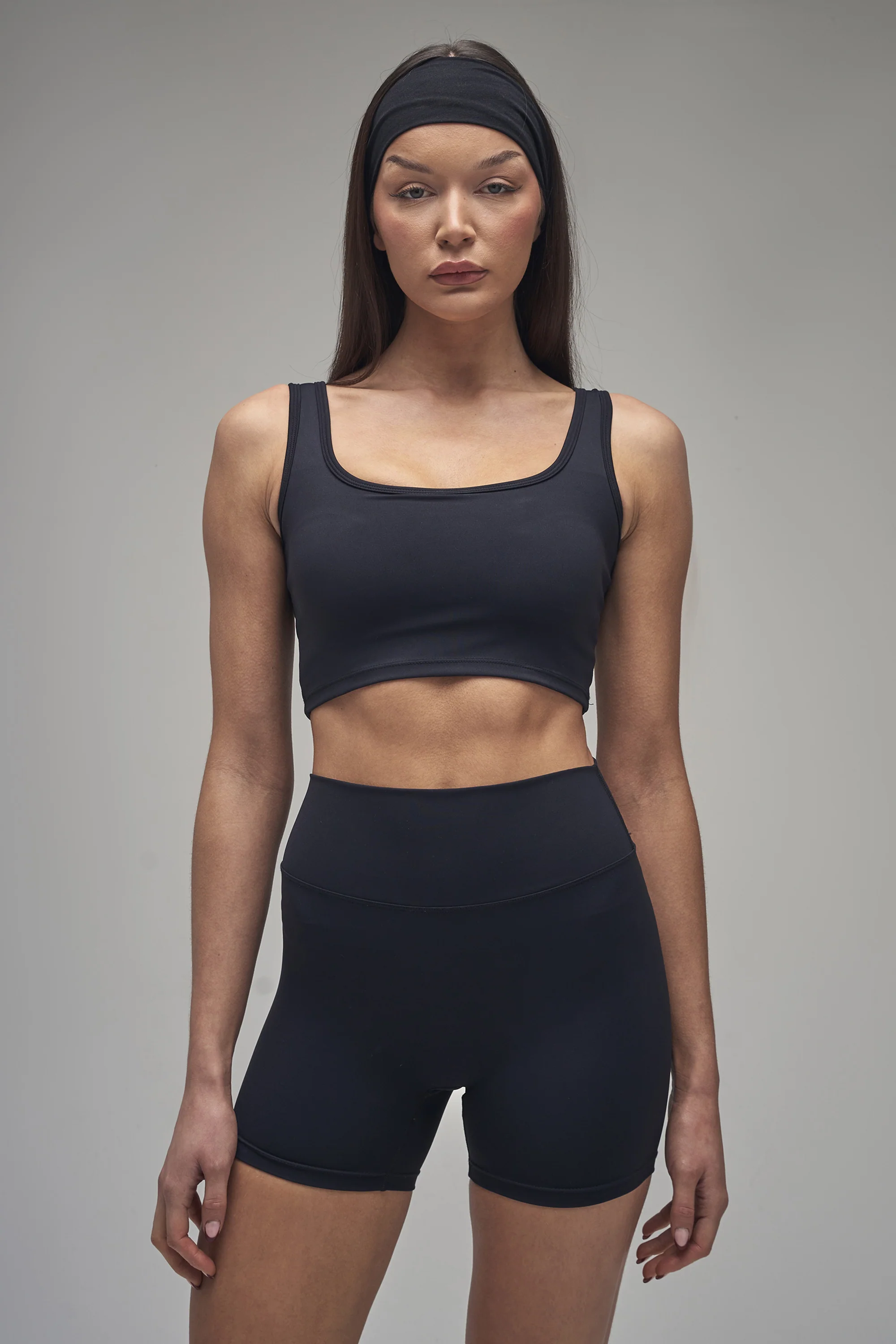 Kaiia Sculpt Square Neck Crop Top Black on Black