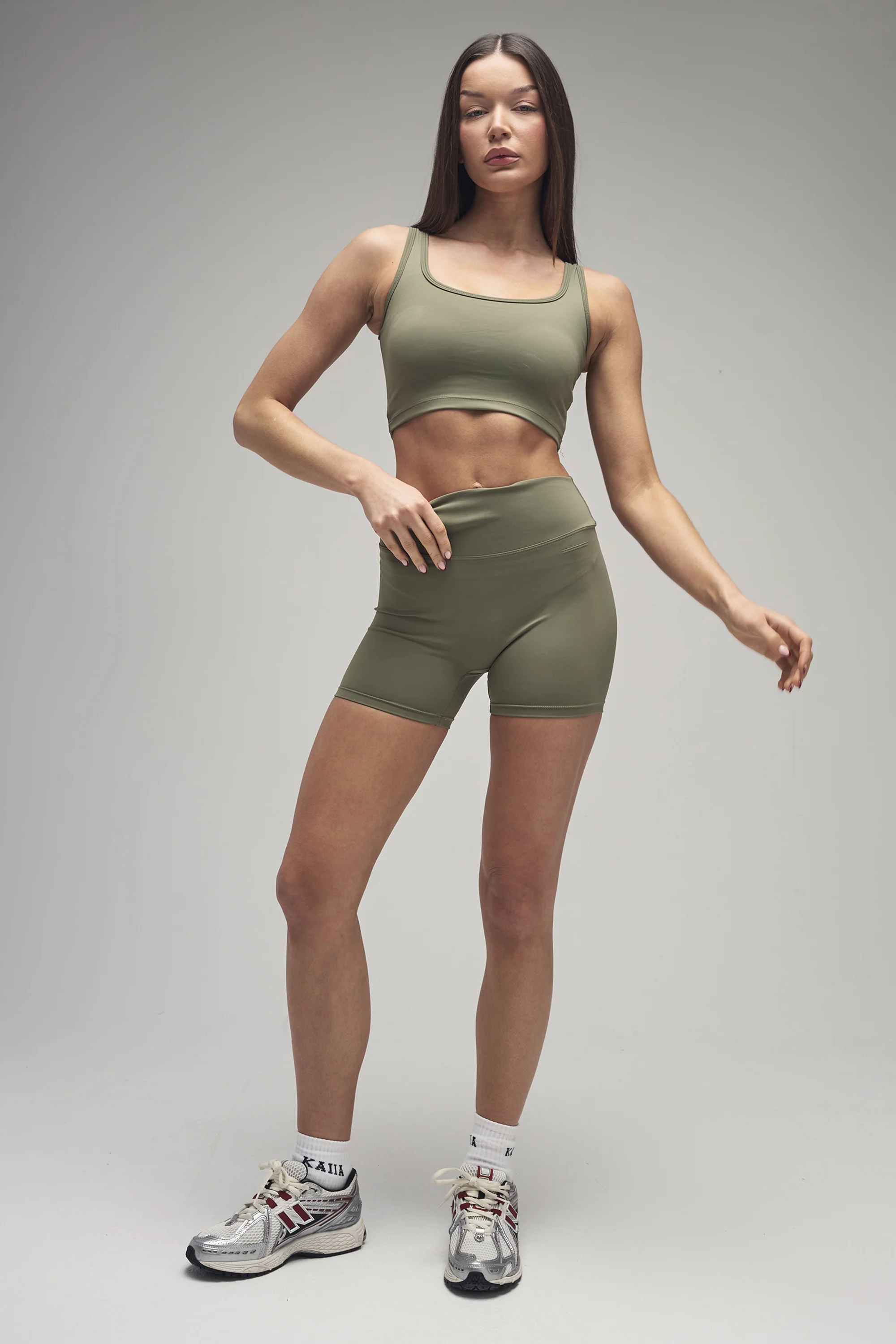 Kaiia Sculpt Square Neck Crop Top Khaki - Image 3