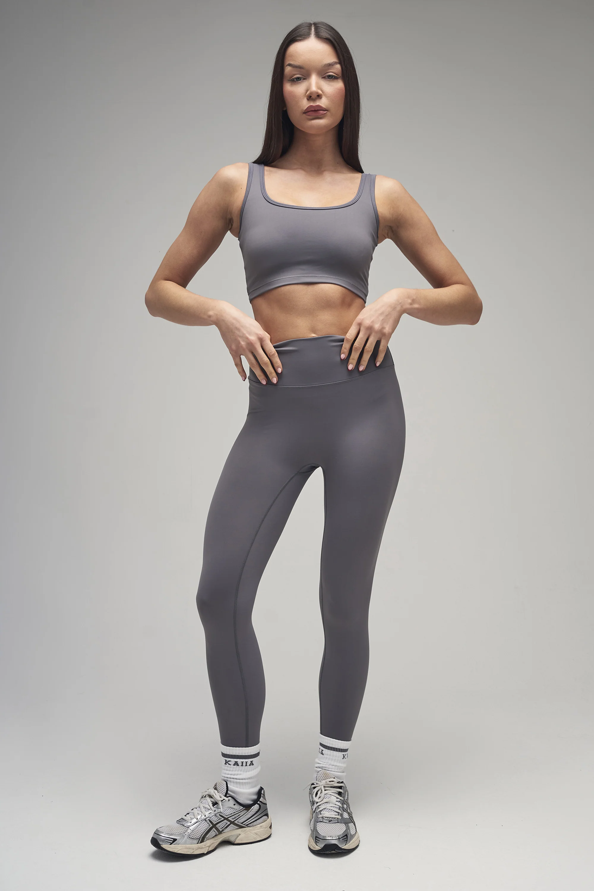 Kaiia Sculpt Square Neck Crop Top Slate Grey - Image 2