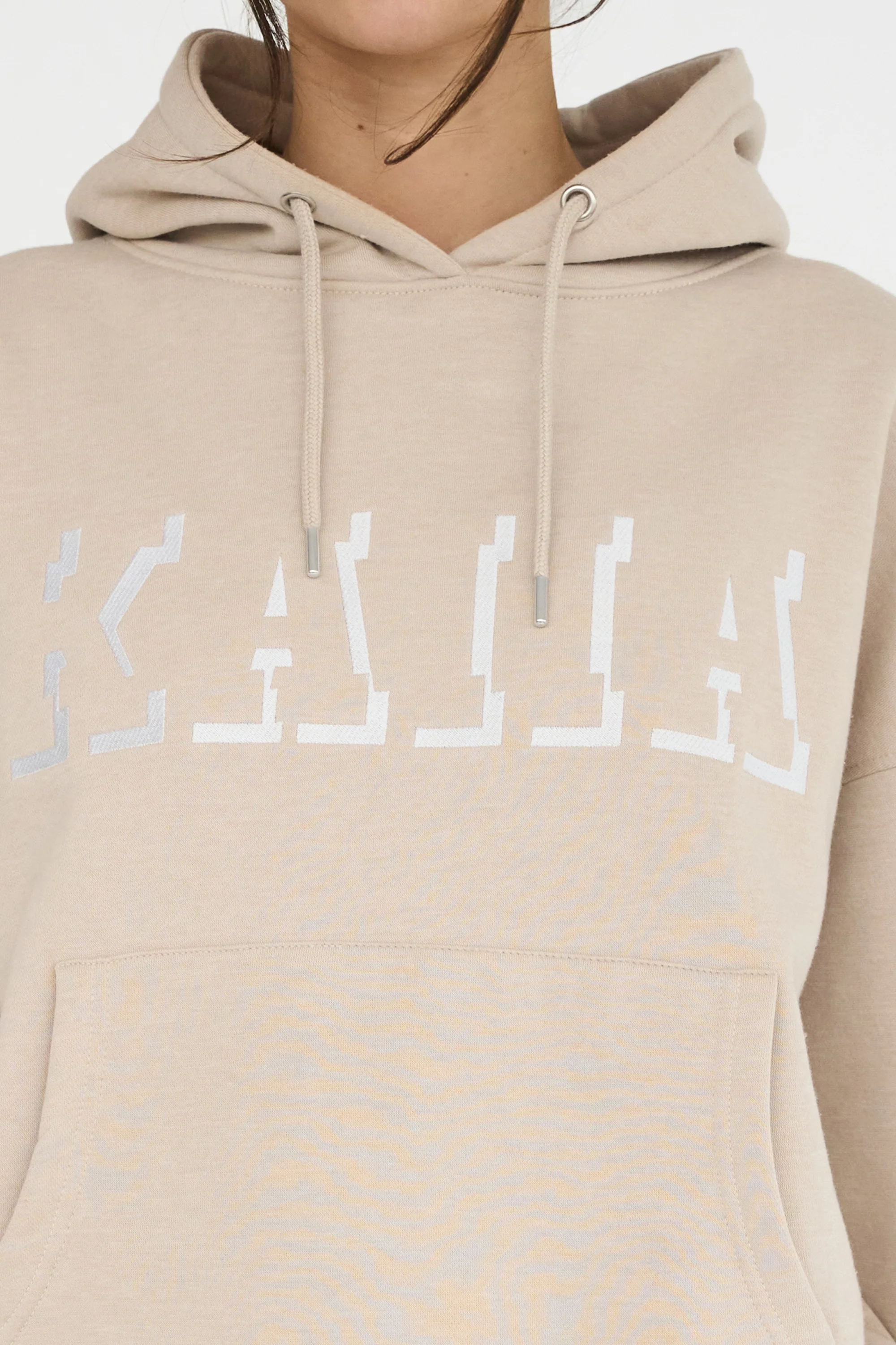 Kaiia Shadow Logo Oversized Drawstring Hoodie Stone - Image 2