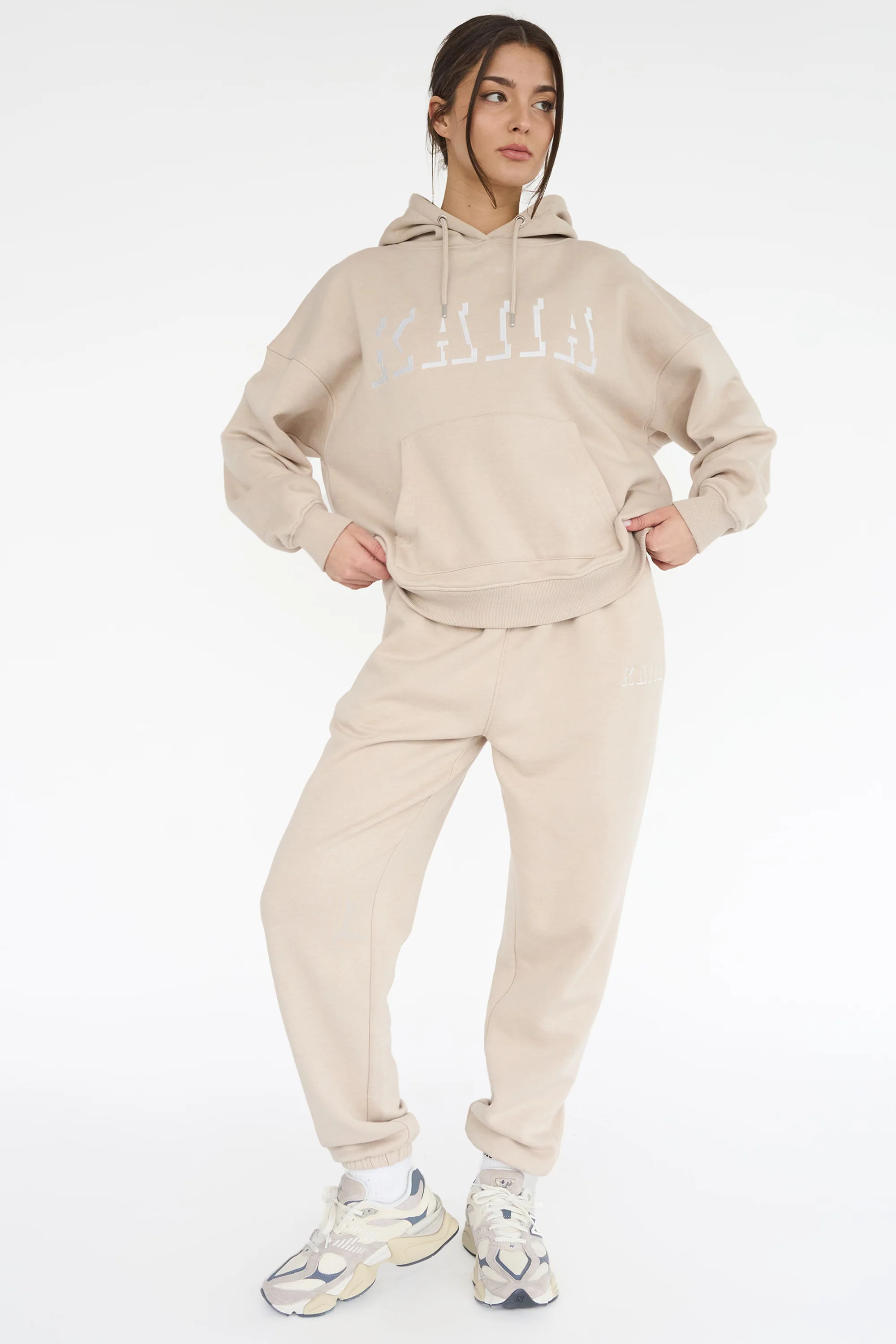 Kaiia Shadow Logo Oversized Drawstring Hoodie Stone - Image 4
