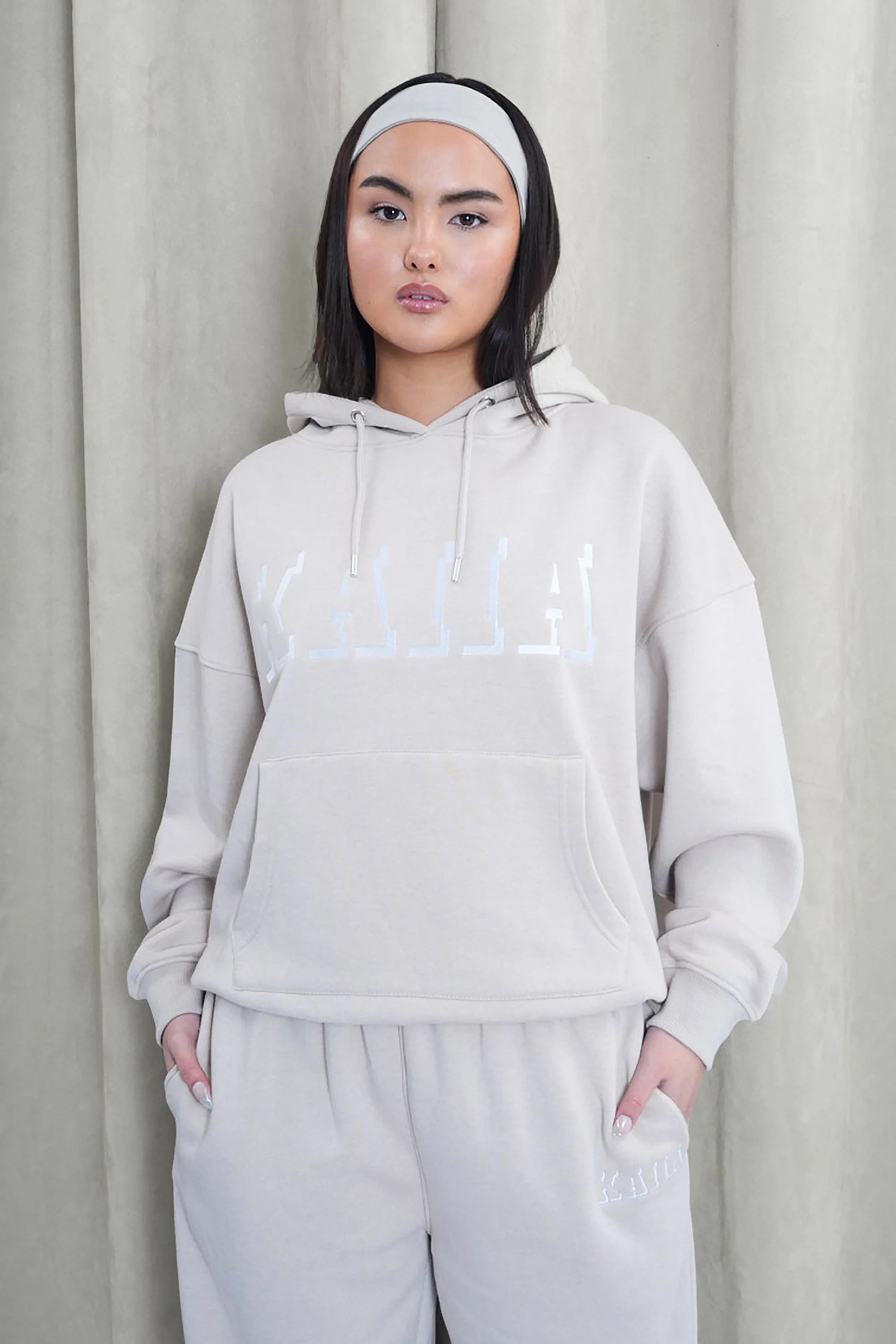 Kaiia Shadow Logo Oversized Drawstring Hoodie Stone - Image 5