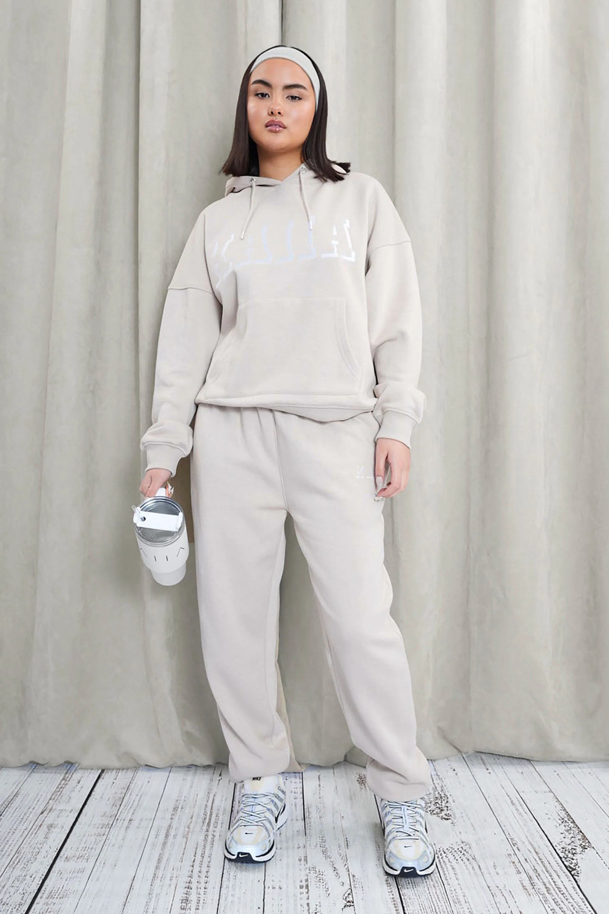 Kaiia Shadow Logo Oversized Drawstring Hoodie Stone - Image 7