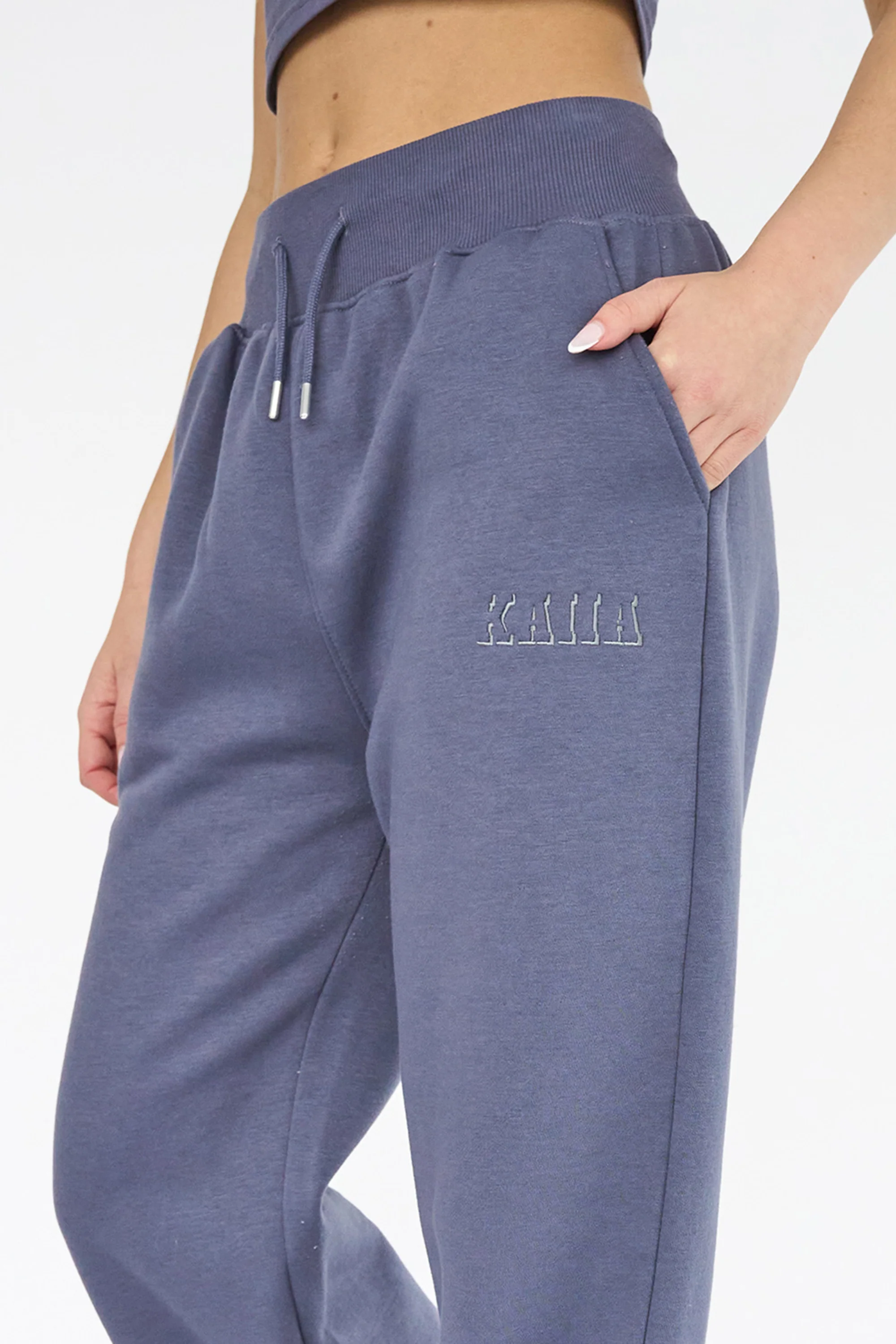 Kaiia Shadow Logo Ribbed Waistband Wide Leg Sweat Pants Slate Blue - Image 4