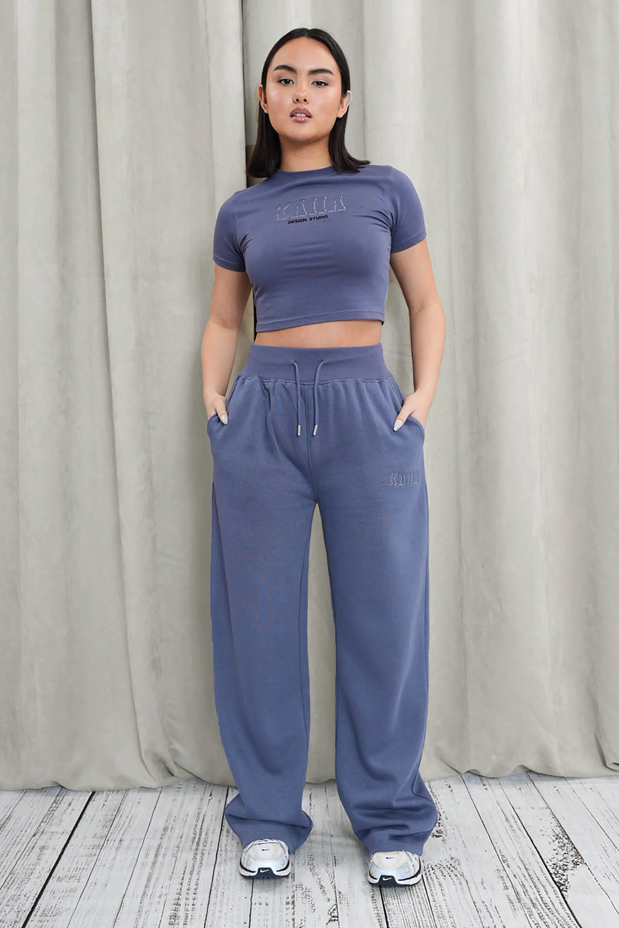 Kaiia Shadow Logo Ribbed Waistband Wide Leg Sweat Pants Slate Blue - Image 5