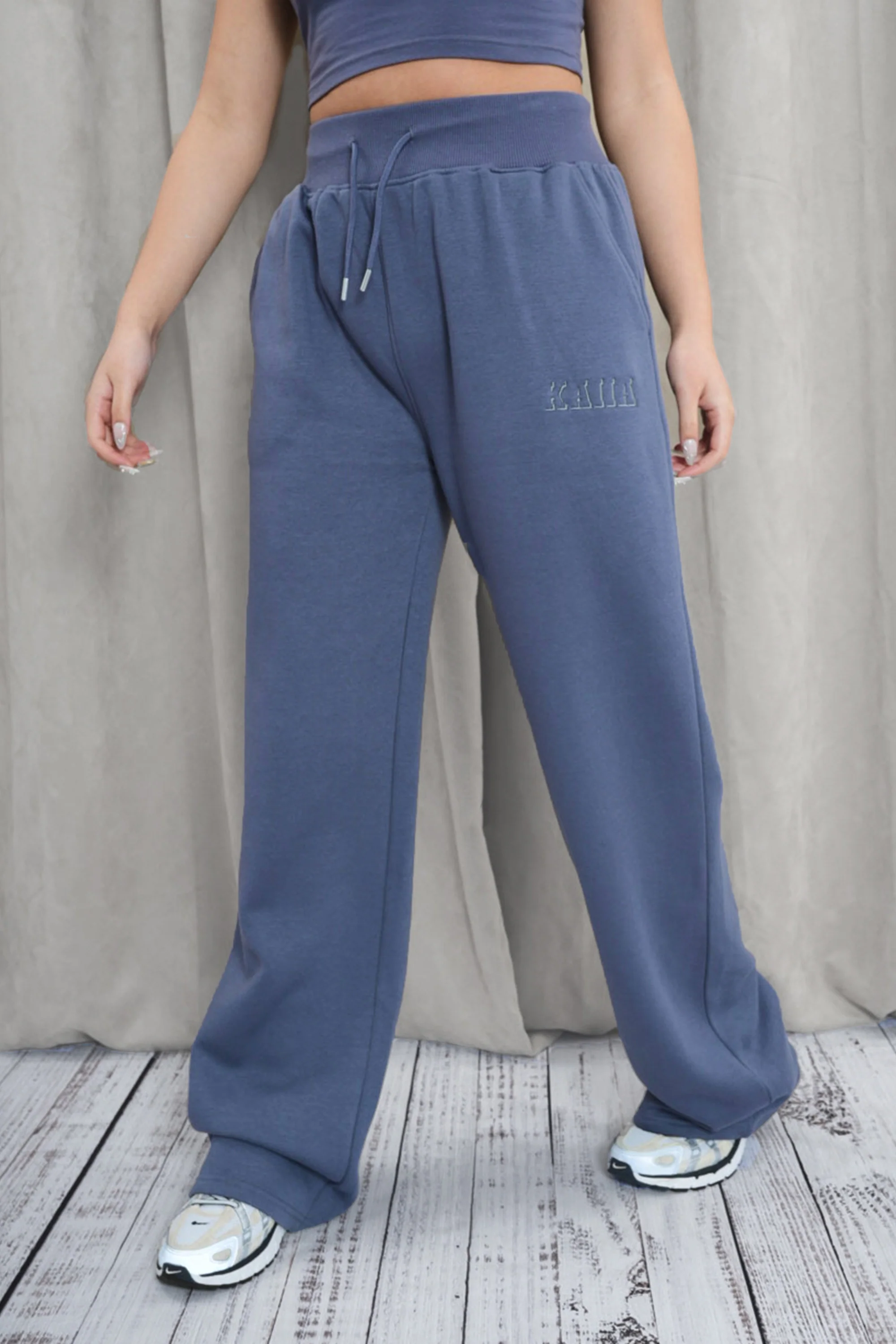 Kaiia Shadow Logo Ribbed Waistband Wide Leg Sweat Pants Slate Blue - Image 6