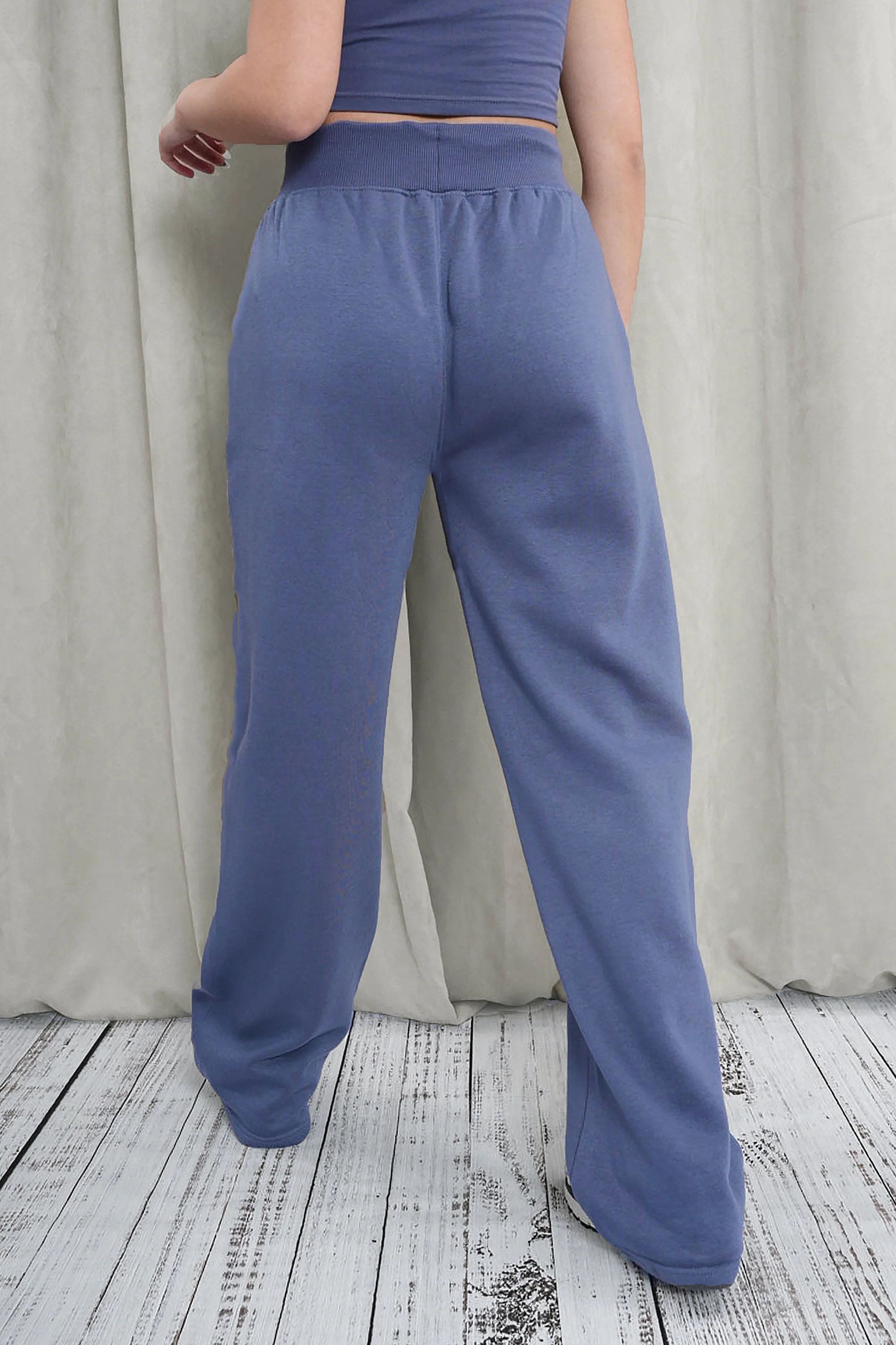 Kaiia Shadow Logo Ribbed Waistband Wide Leg Sweat Pants Slate Blue - Image 7
