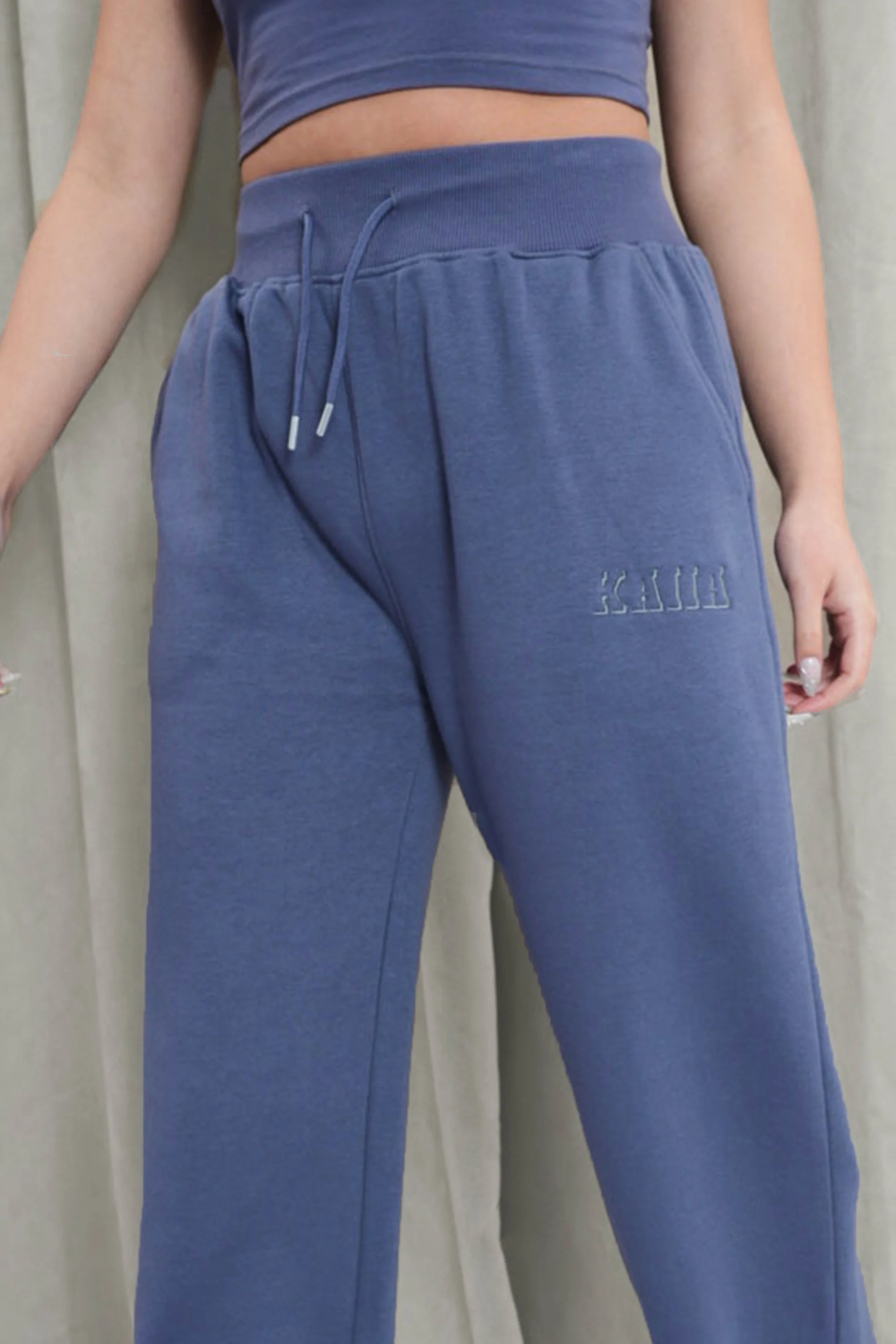 Kaiia Shadow Logo Ribbed Waistband Wide Leg Sweat Pants Slate Blue - Image 8
