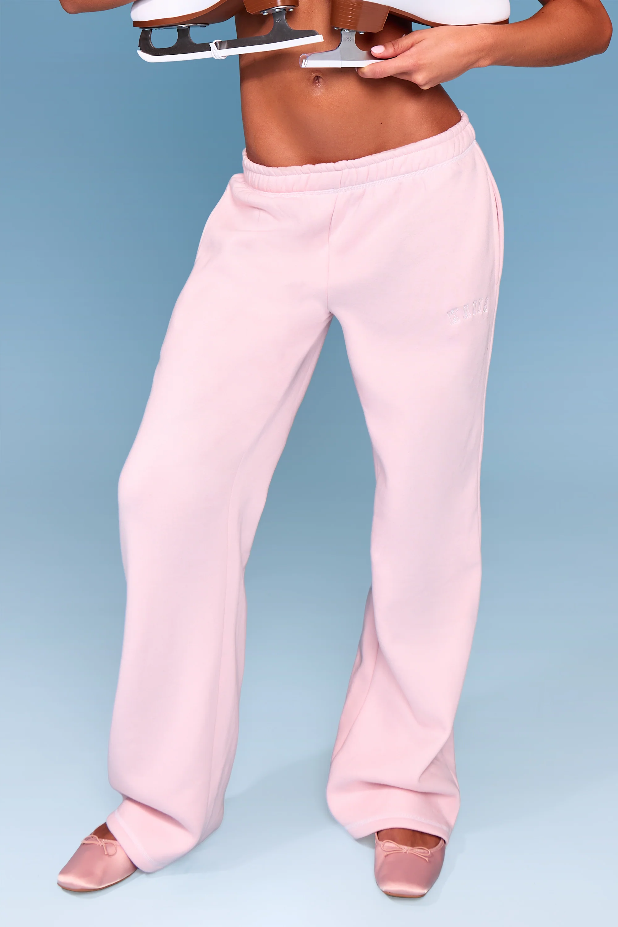 Kaiia Slogan Contrast Stitch Wide Leg Joggers Pink & White - Image 4