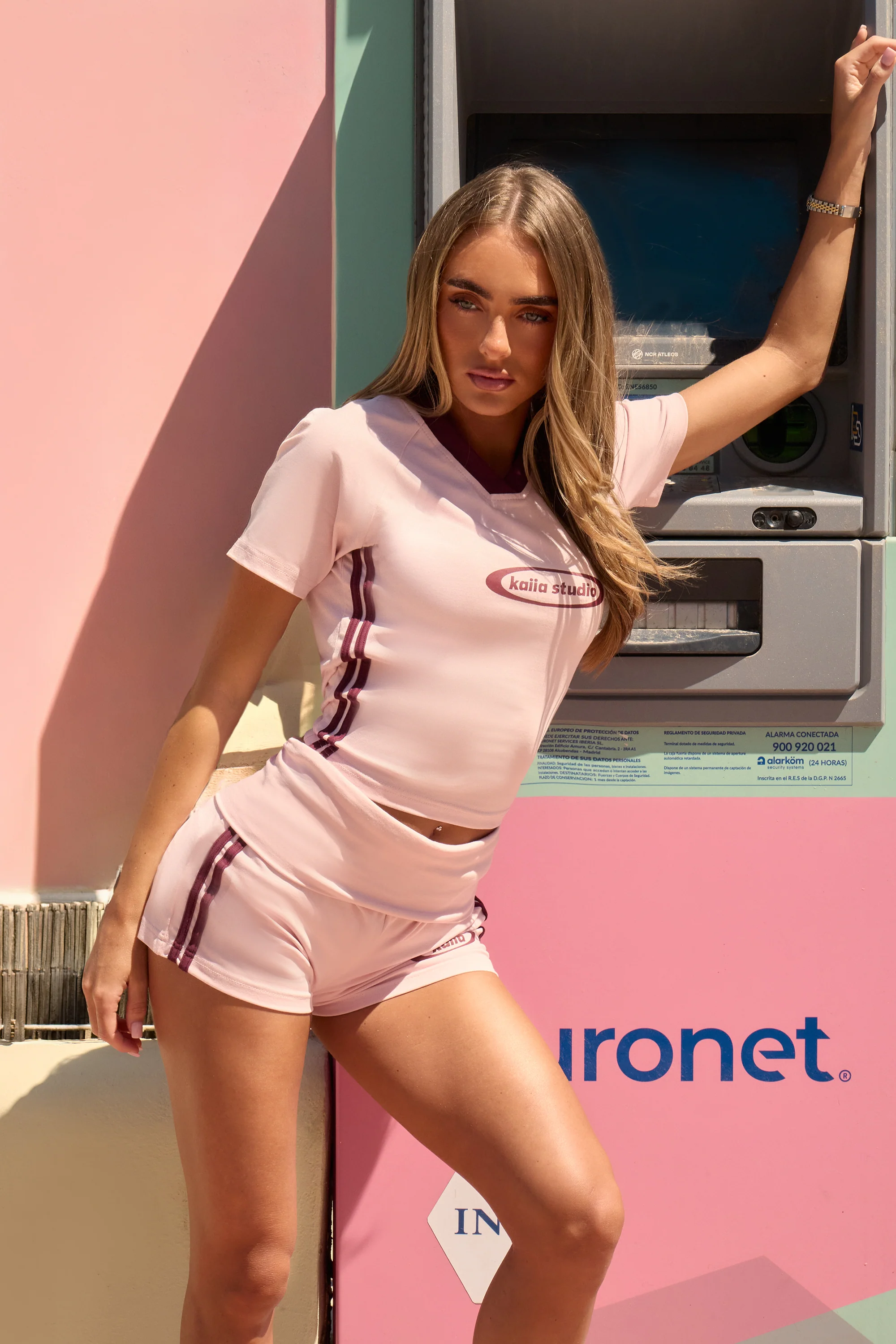Kaiia Side Stripe Longline Baby Tee Baby Pink & Burgundy