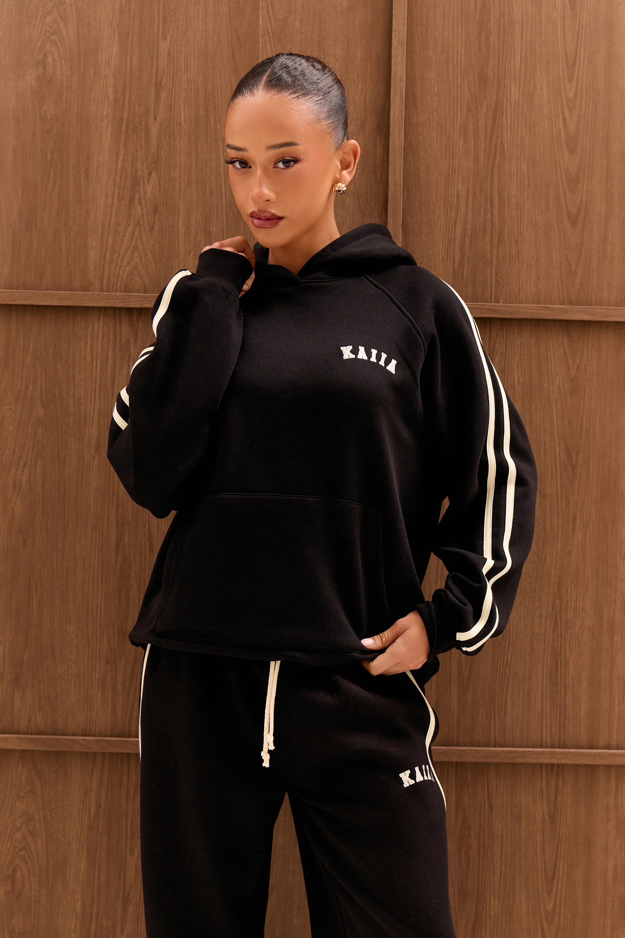 Kaiia Sport Side Stripe Oversized Hoodie Black & White - Image 5
