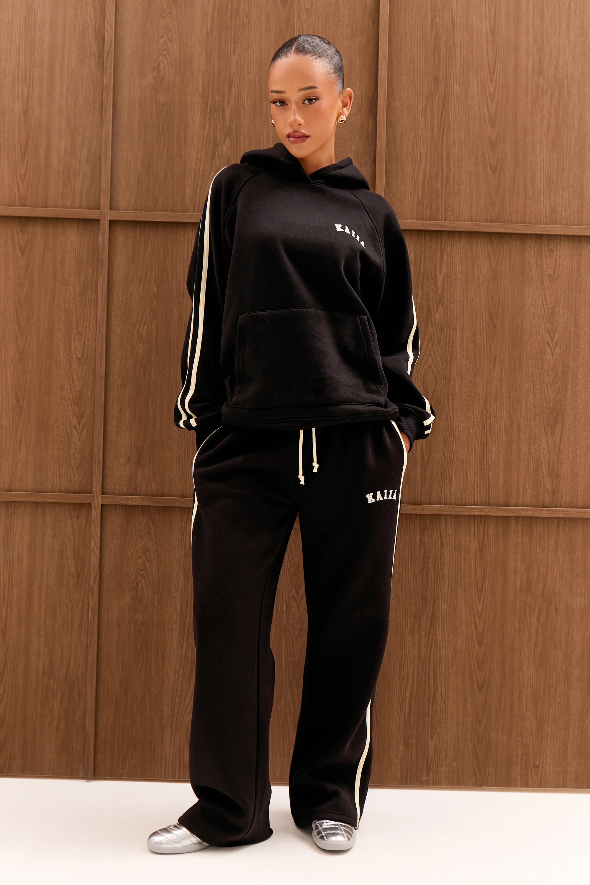 Kaiia Sport Side Stripe Oversized Hoodie Black & White - Image 7