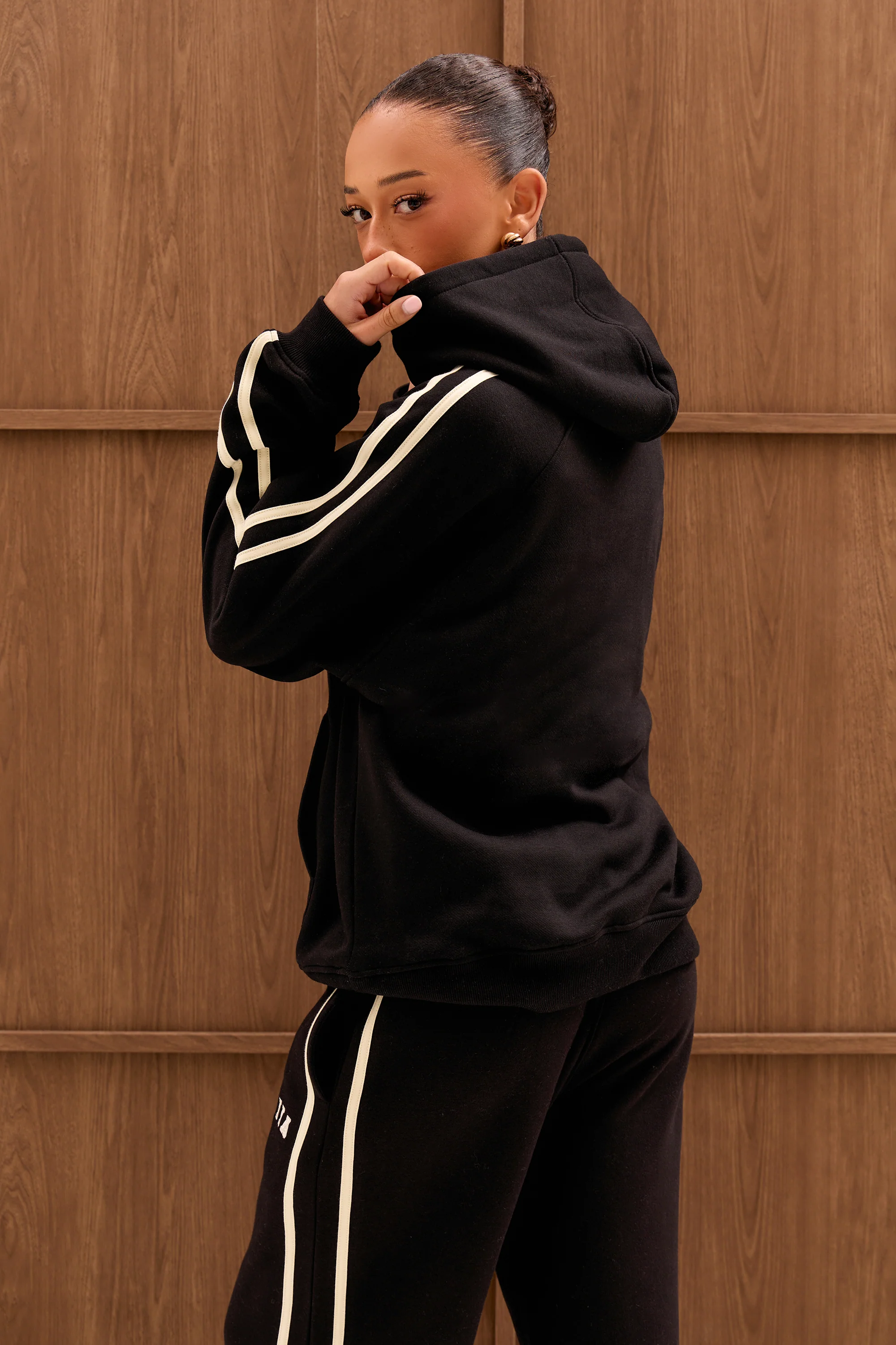 Kaiia Sport Side Stripe Oversized Hoodie Black & White - Image 8