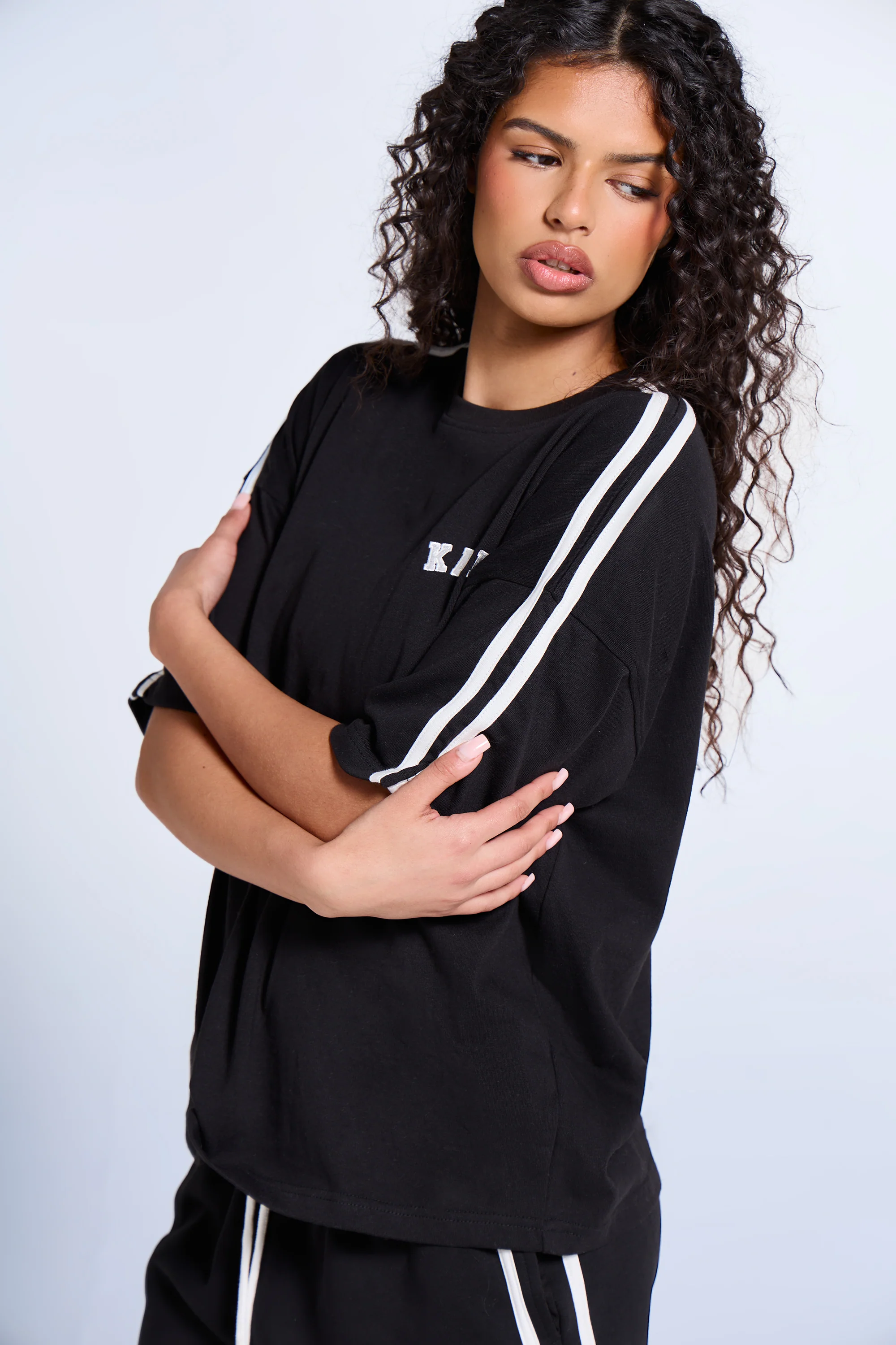 Kaiia Side Stripe Oversized T-shirt Black & White - Image 2