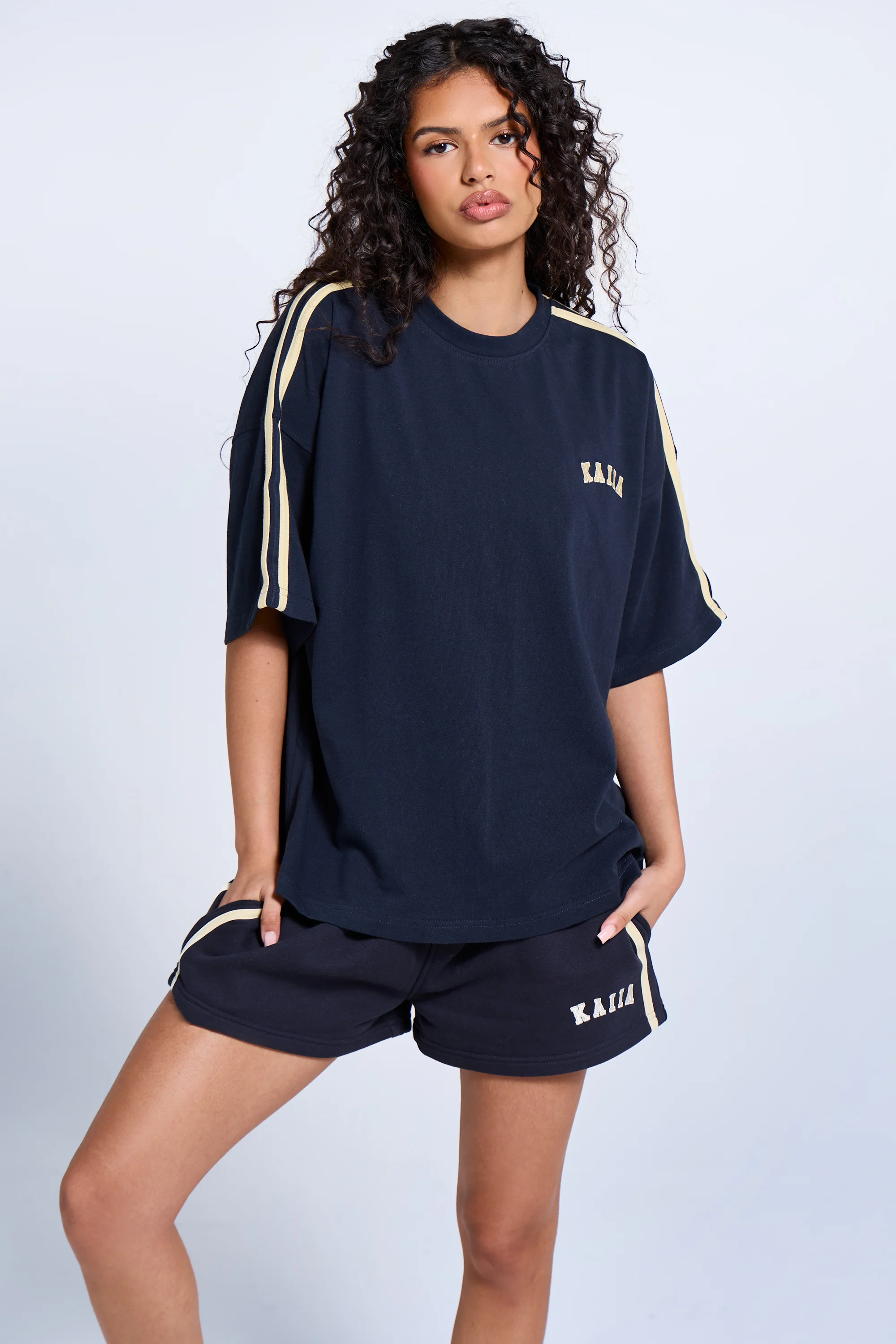 Kaiia Side Stripe Oversized T-shirt Ink Blue & Lemon