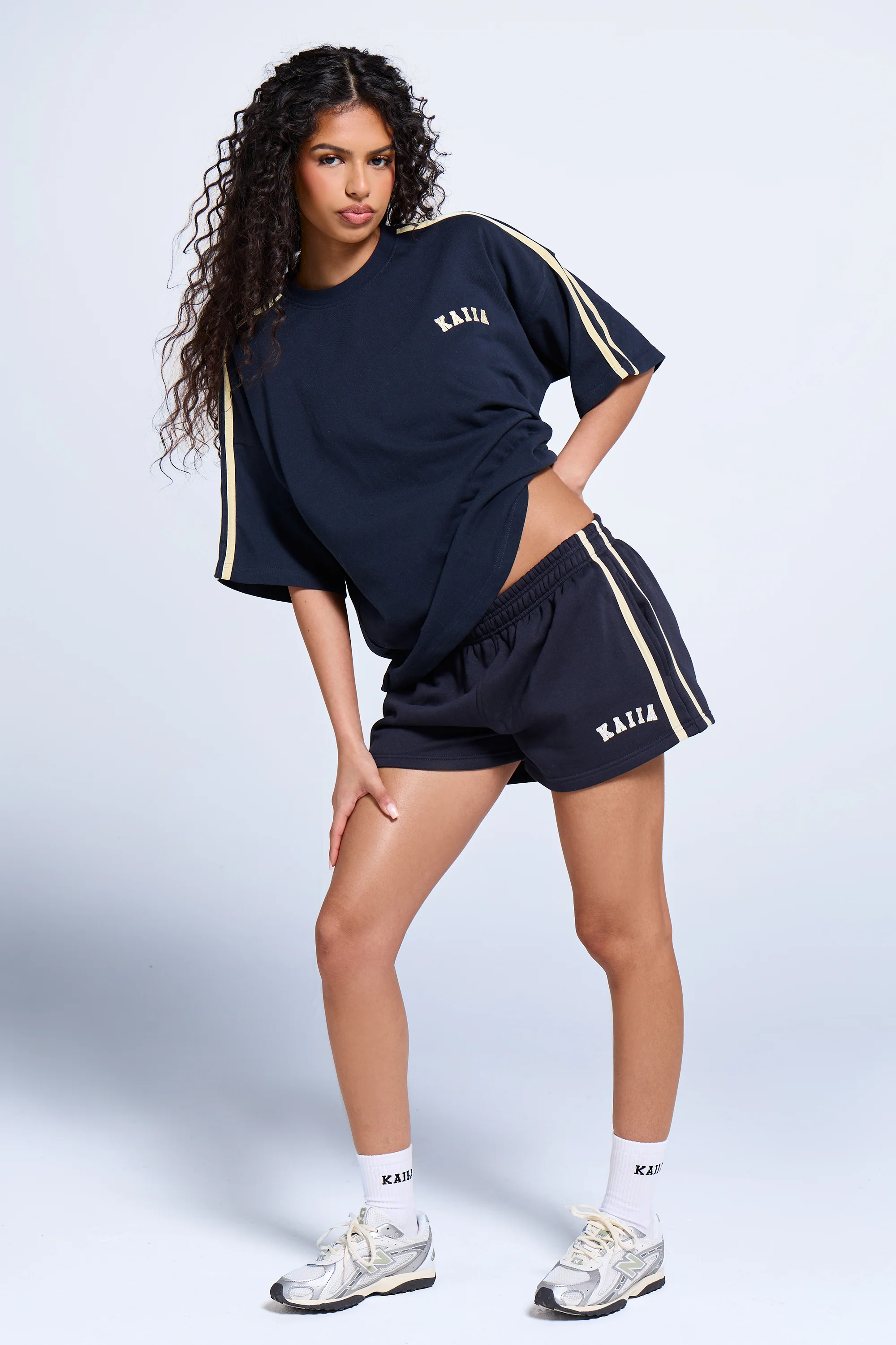 Kaiia Side Stripe Oversized T-shirt Ink Blue & Lemon - Image 3