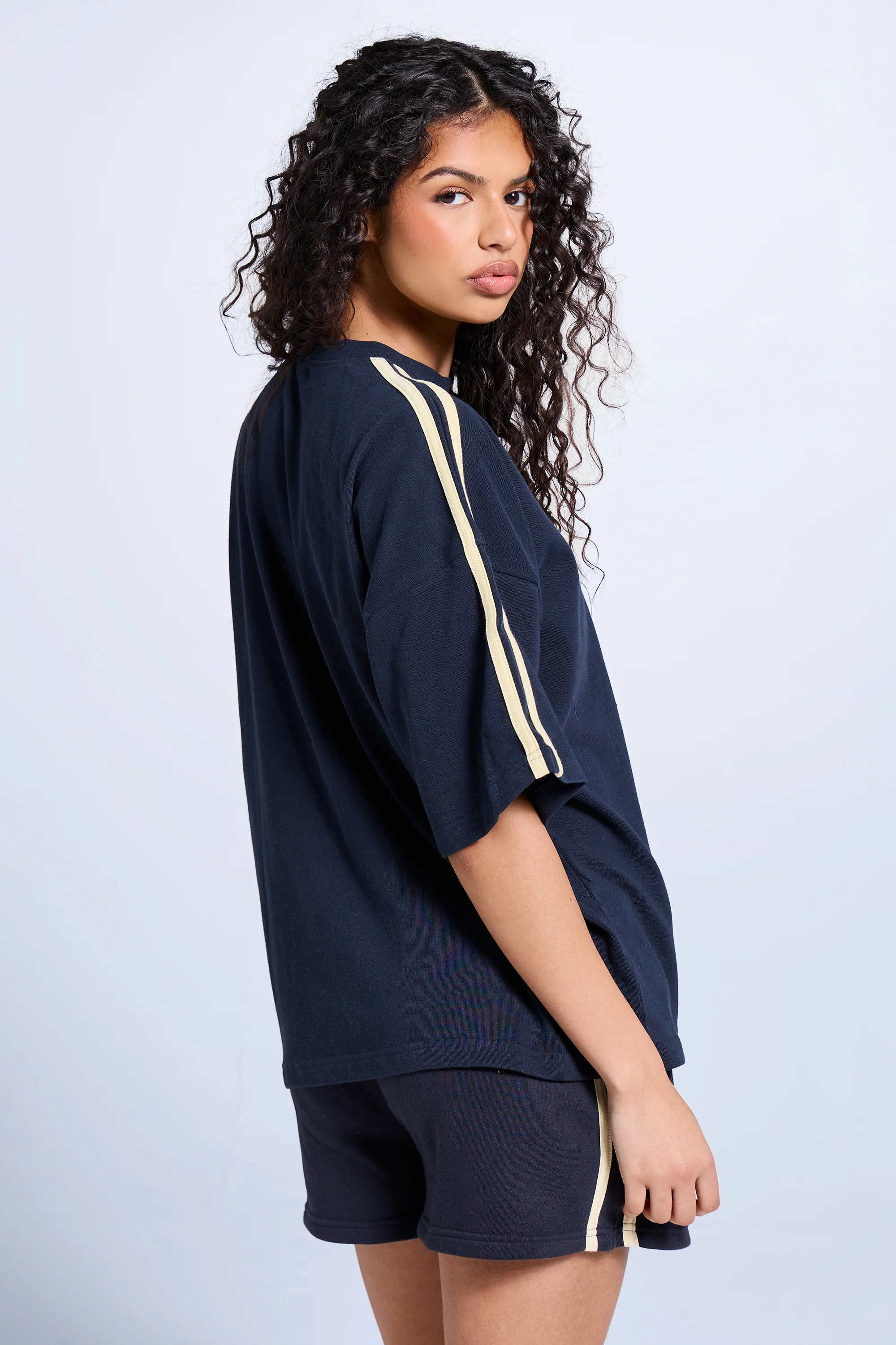 Kaiia Side Stripe Oversized T-shirt Ink Blue & Lemon - Image 4