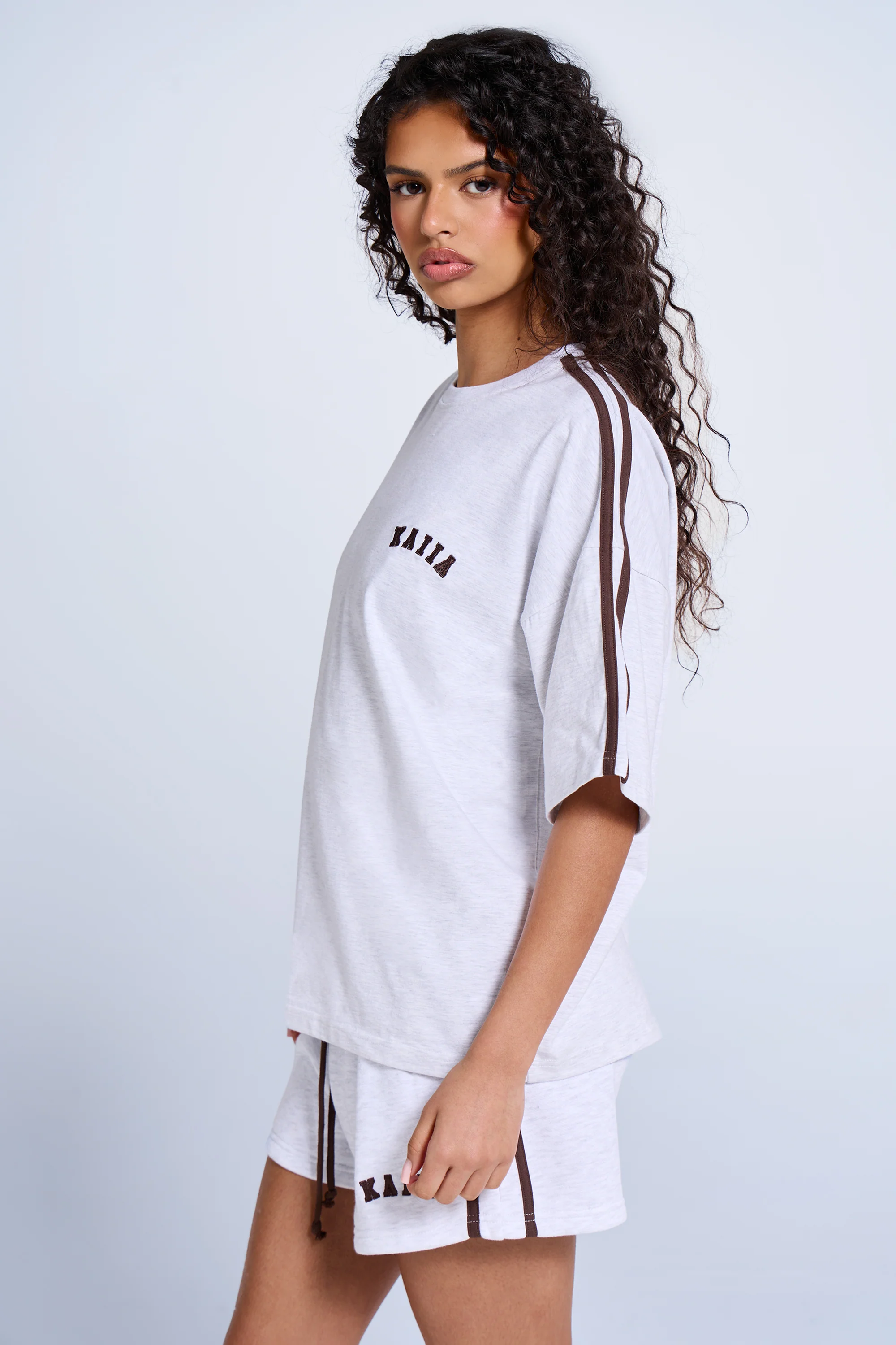 Kaiia Side Stripe Oversized T-shirt Light Grey Marl & Brown