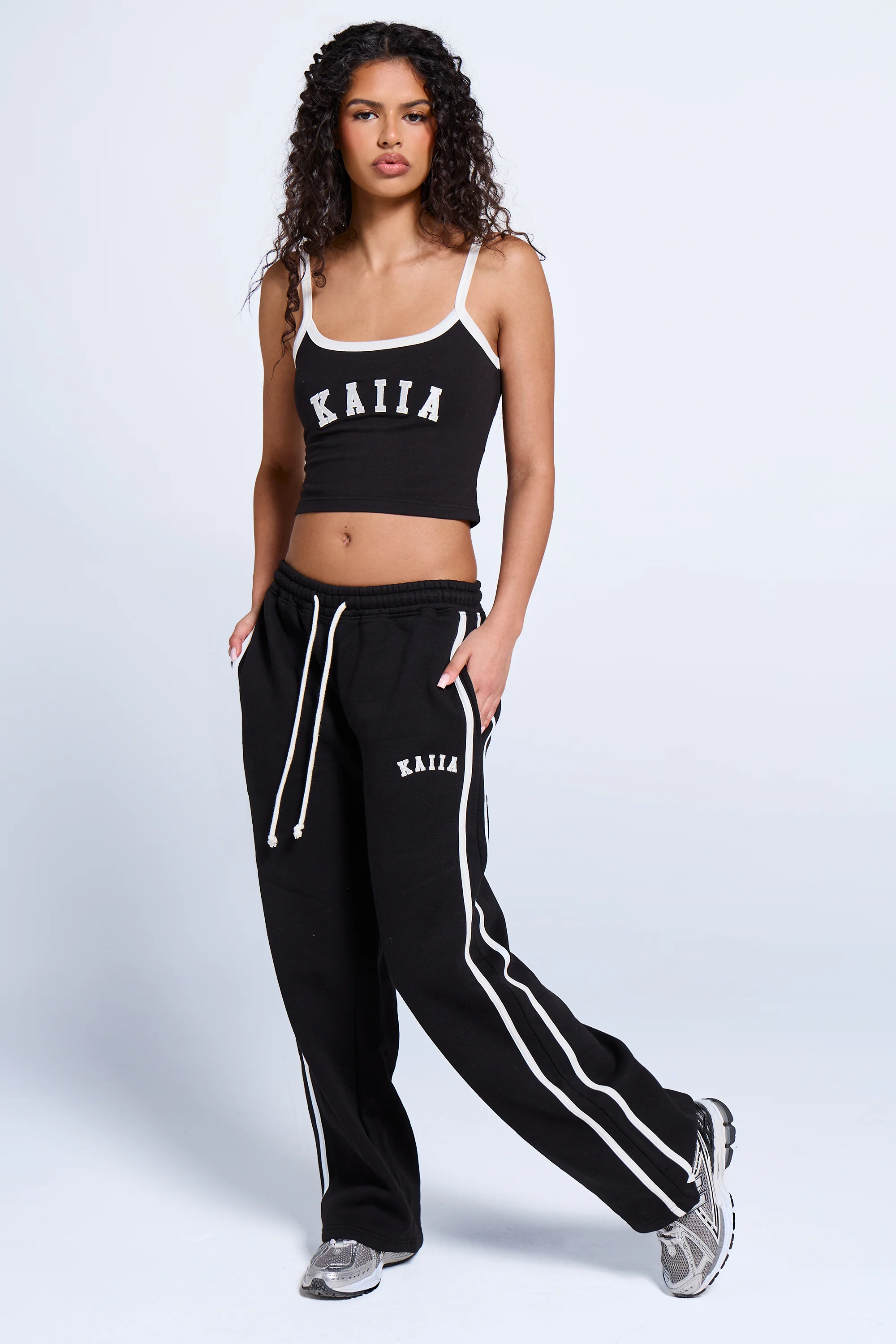 Kaiia Sport Side Stripe Wide Leg Joggers Black & White