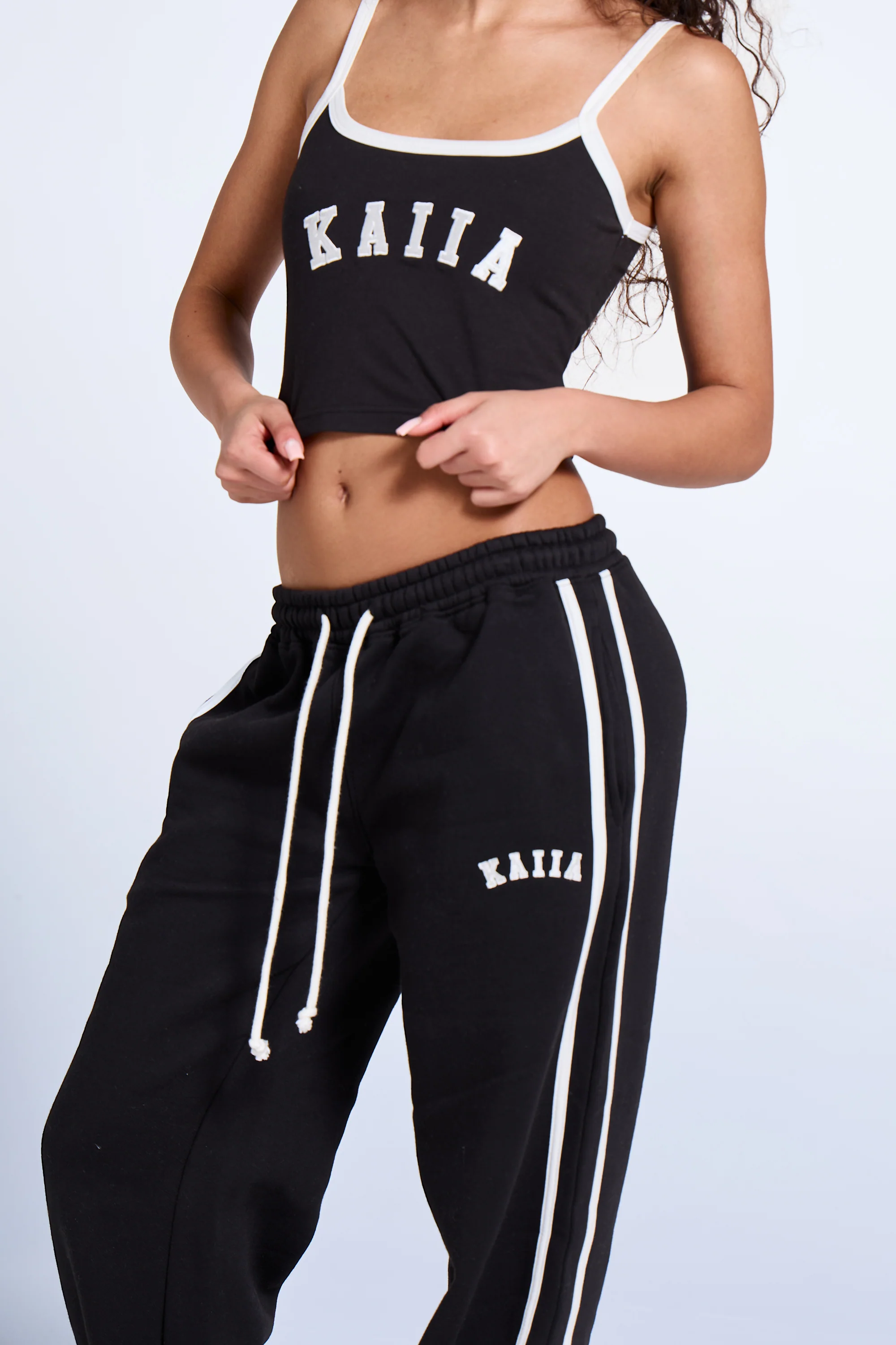 Kaiia Sport Side Stripe Wide Leg Joggers Black & White - Image 2
