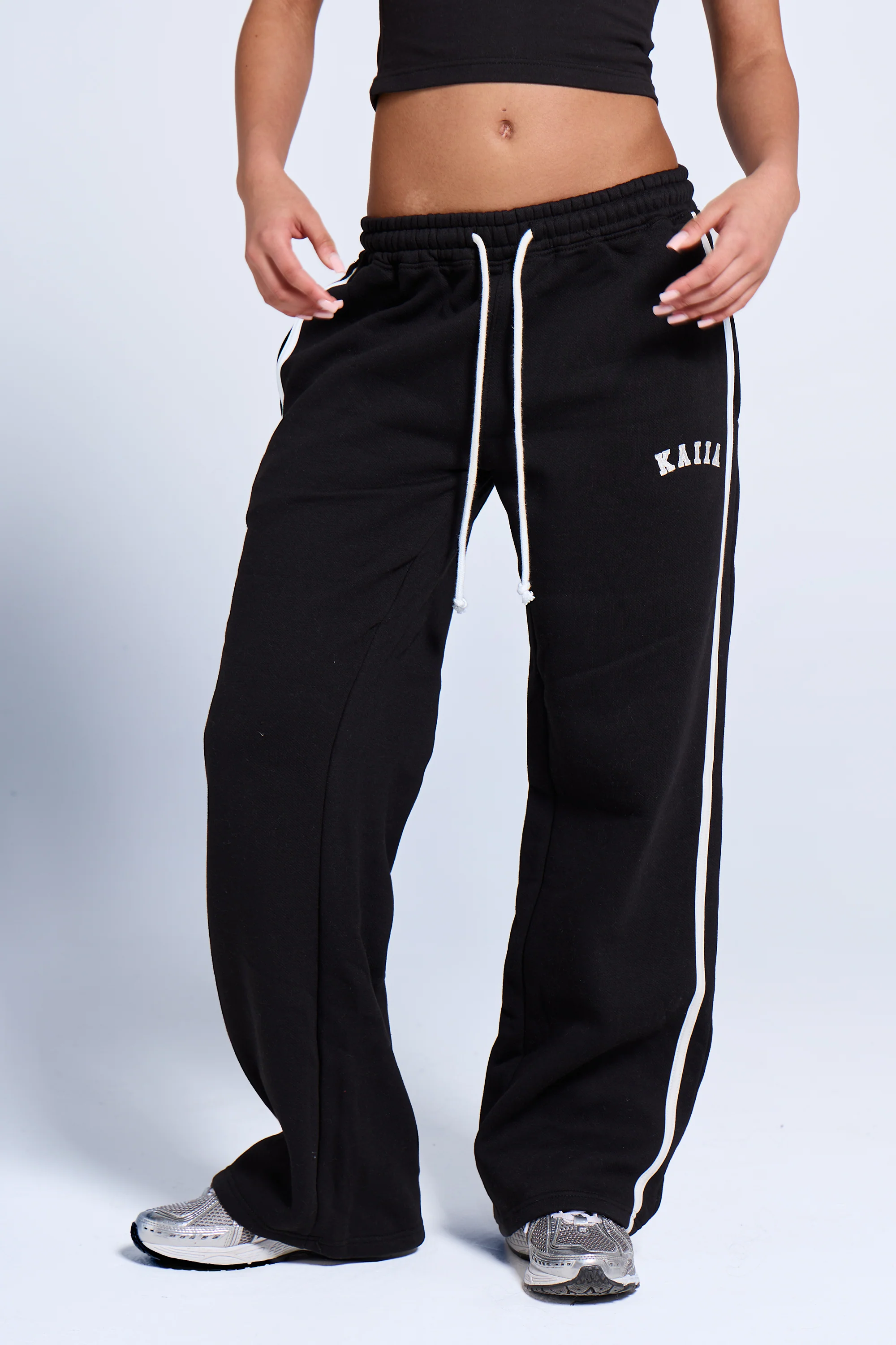 Kaiia Sport Side Stripe Wide Leg Joggers Black & White - Image 3