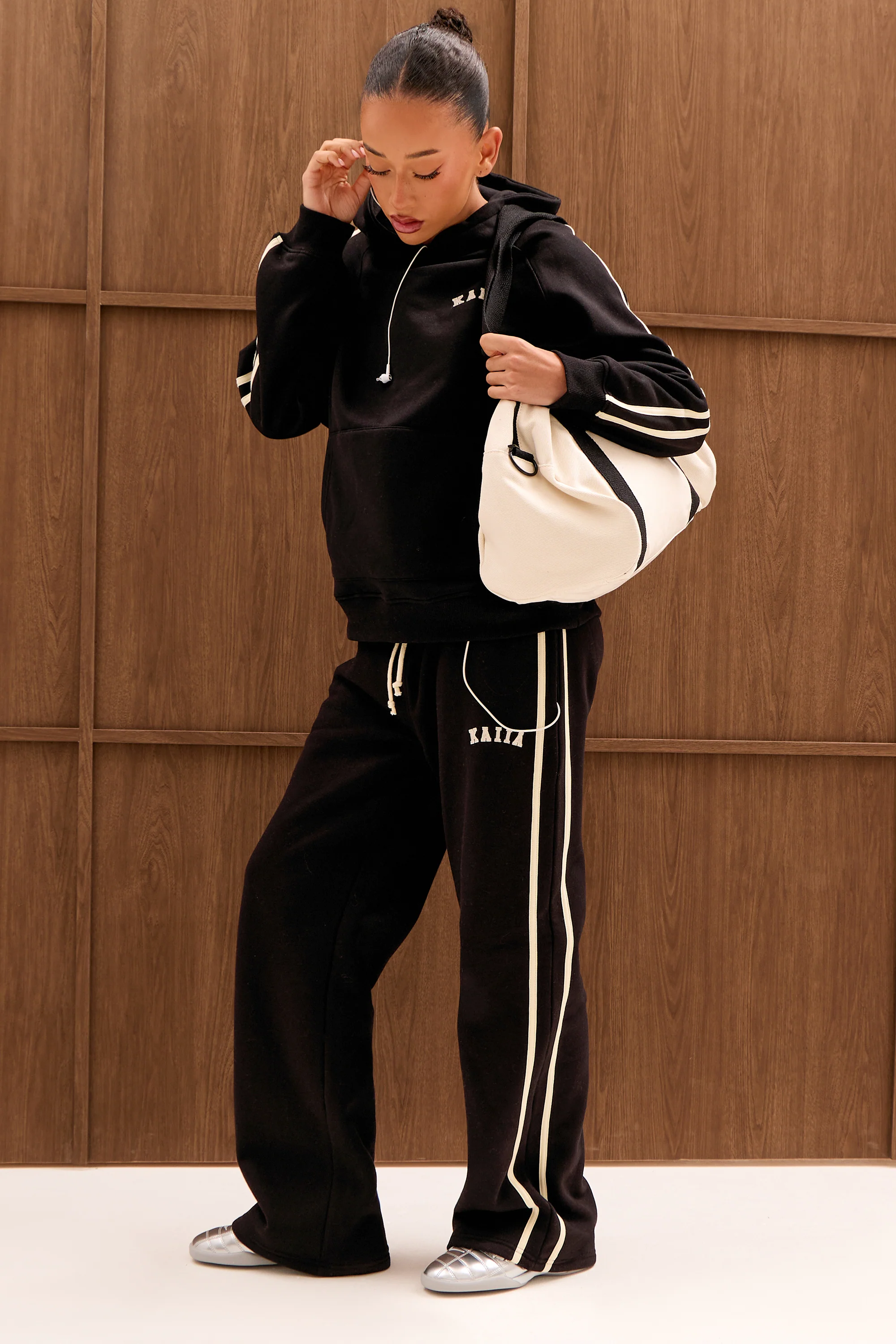 Kaiia Sport Side Stripe Wide Leg Joggers Black & White - Image 5