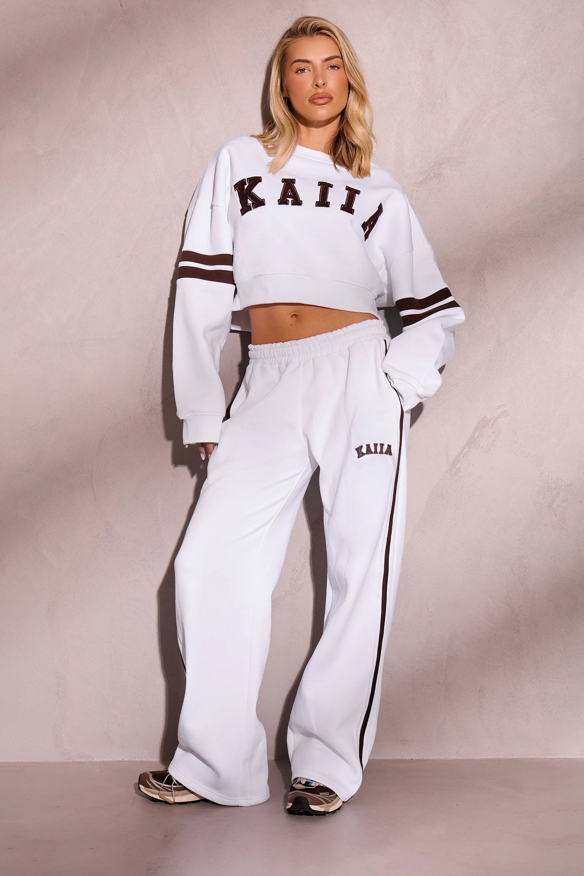 Kaiia Side Stripe Wide Leg Joggers Off White & Brown