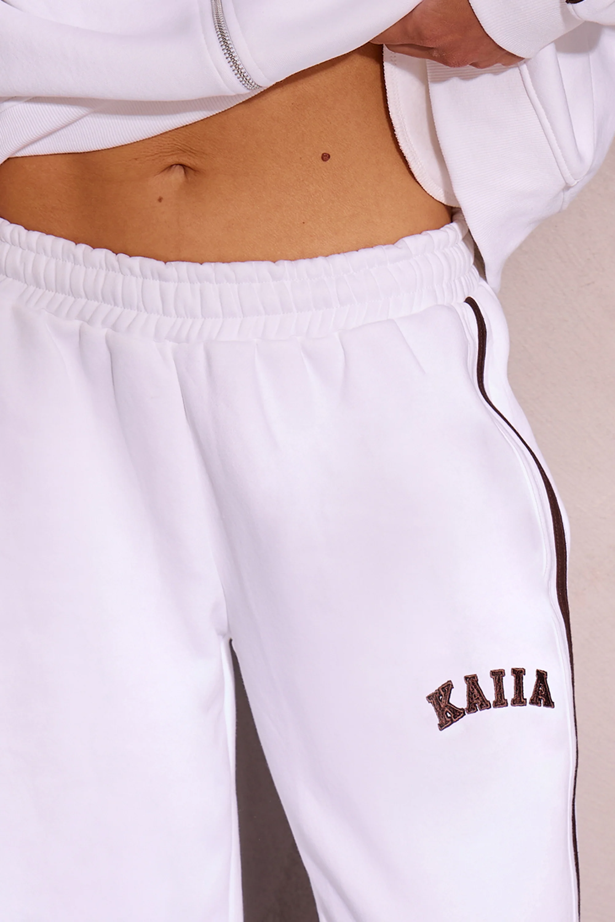 Kaiia Side Stripe Wide Leg Joggers Off White & Brown - Image 2