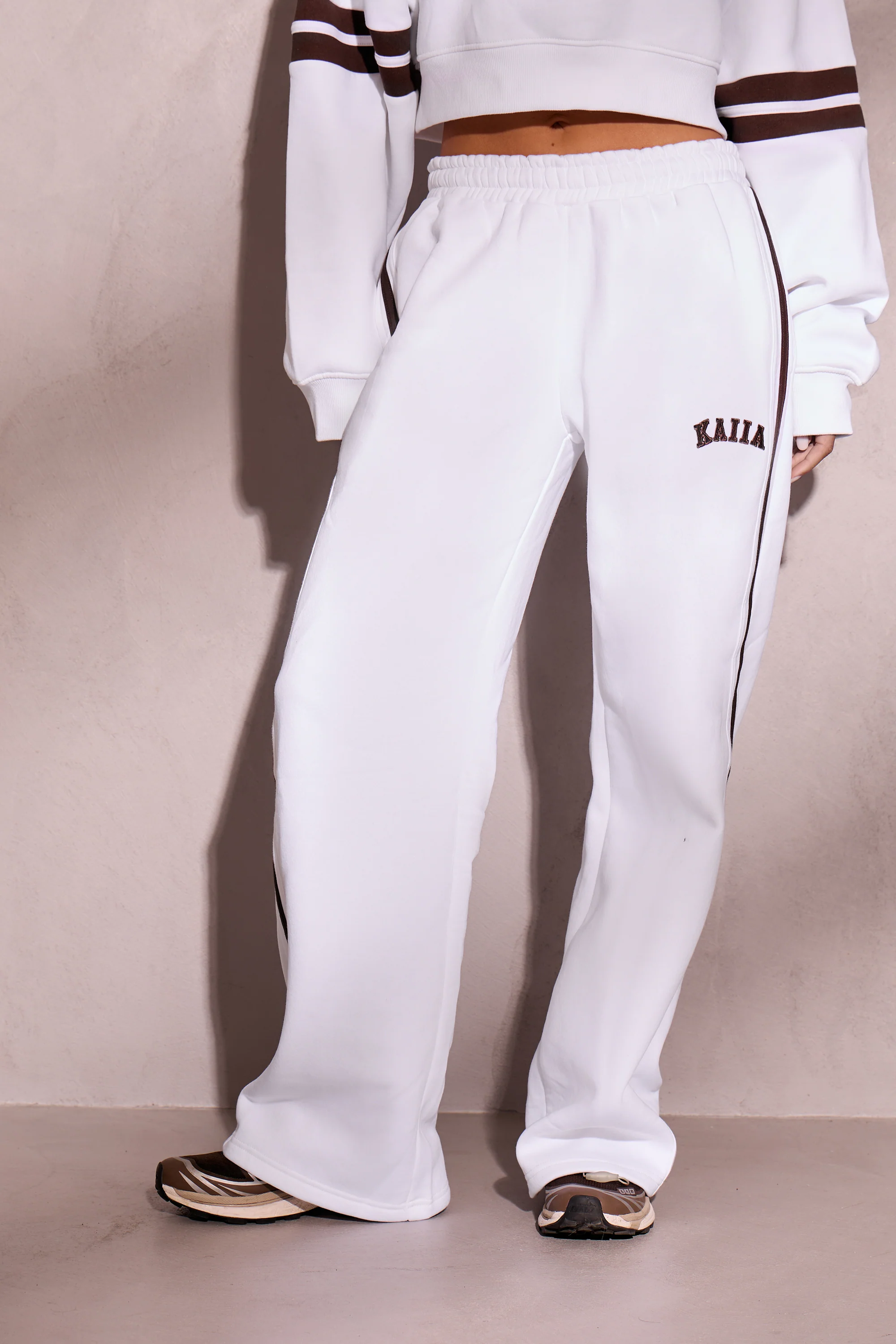 Kaiia Side Stripe Wide Leg Joggers Off White & Brown - Image 3