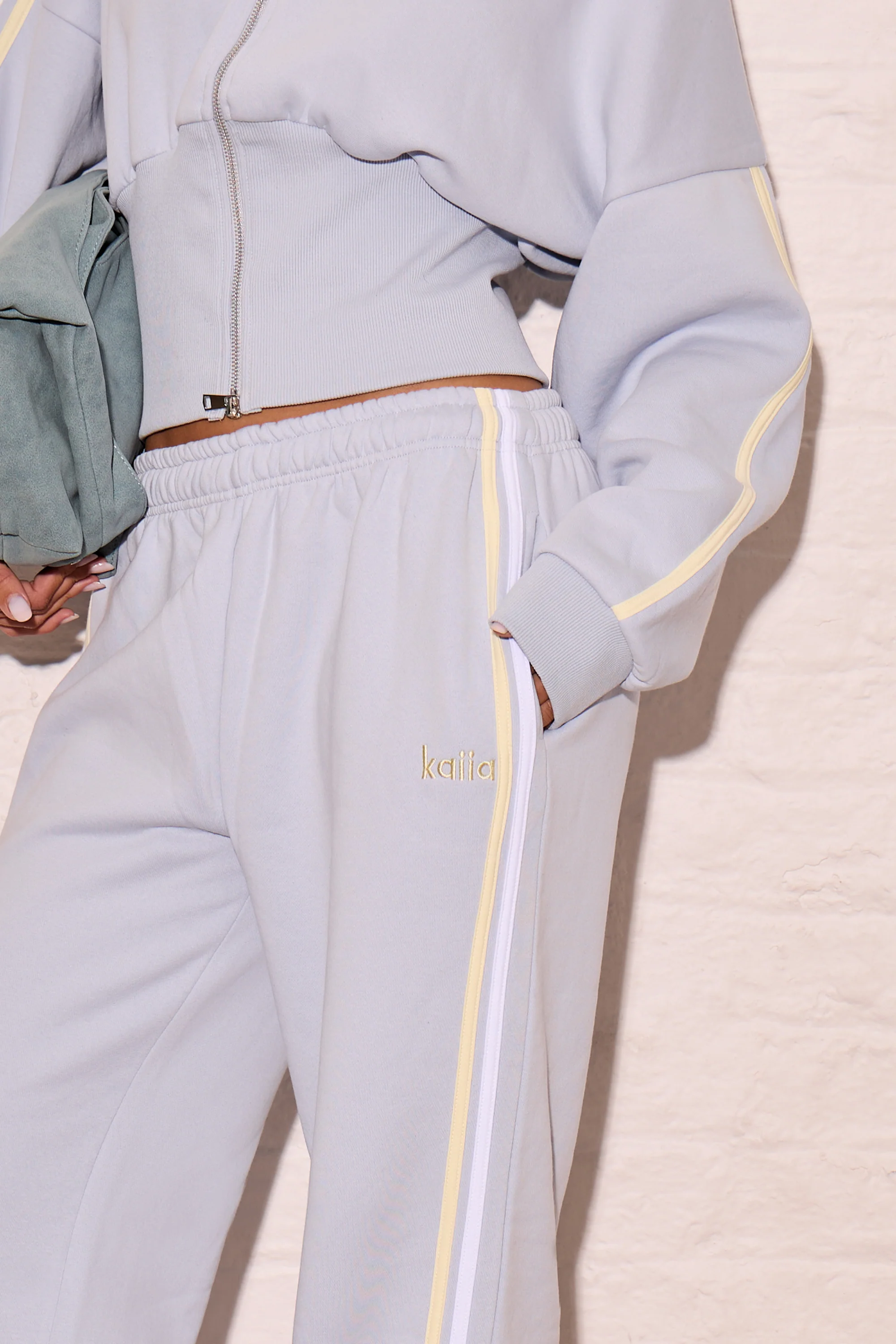Kaiia Side Stripe Wide Leg Joggers Dusty Blue & Lemon - Image 2