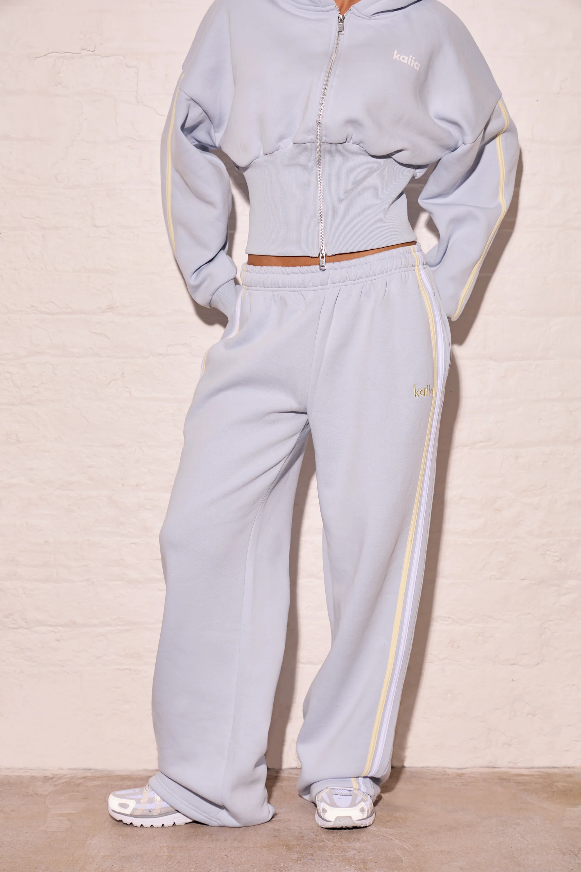Kaiia Side Stripe Wide Leg Joggers Dusty Blue & Lemon - Image 3
